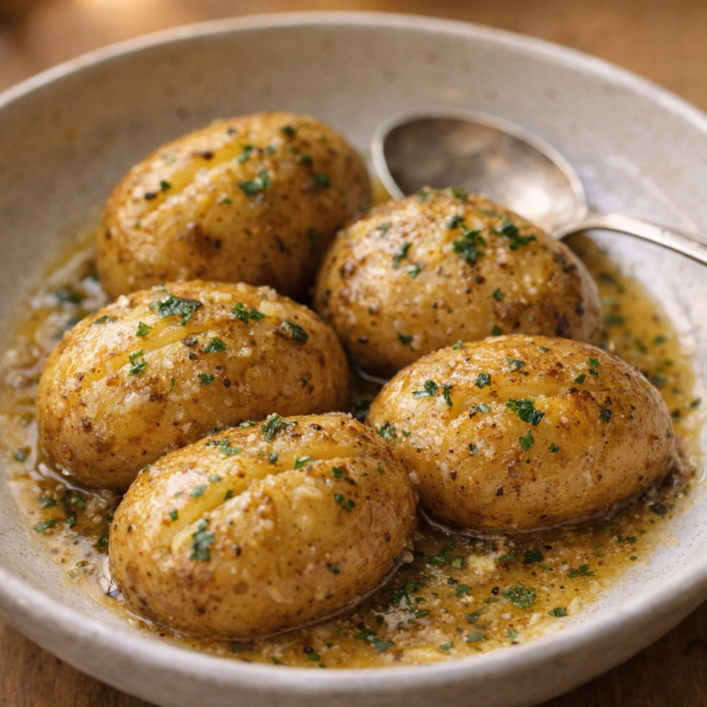 Served butter potatoes in a bowl with glossy sauce