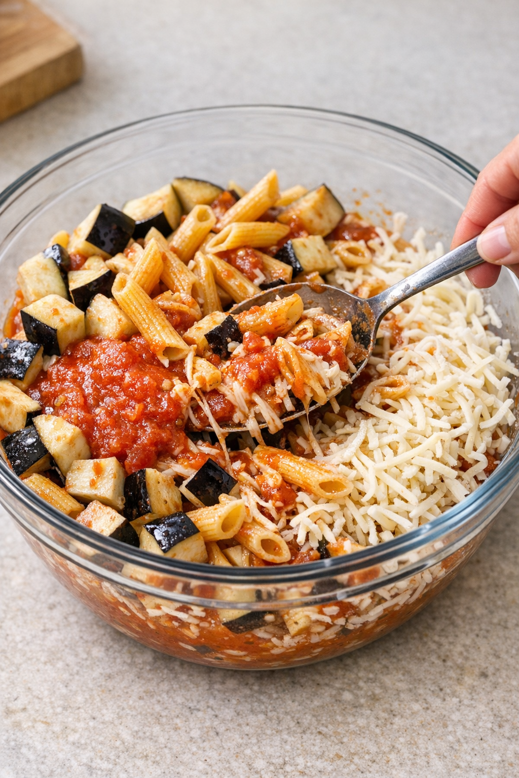 Eggplant, pasta, sauce, and cheese mixed in a bowl