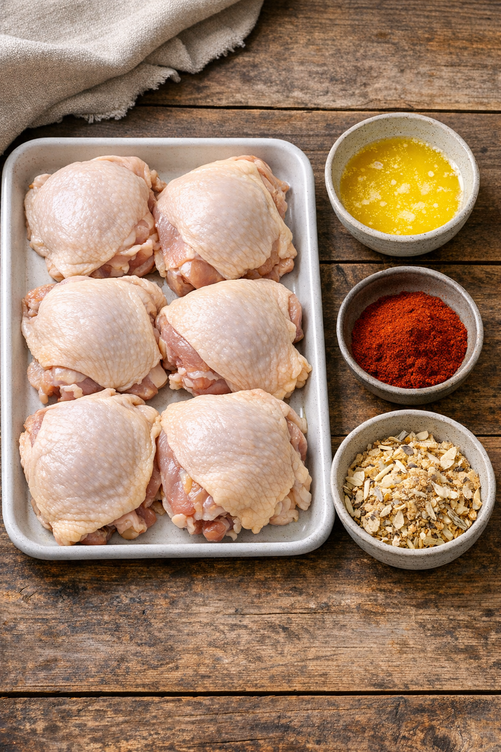 Main ingredients for paprika chicken laid out on a table