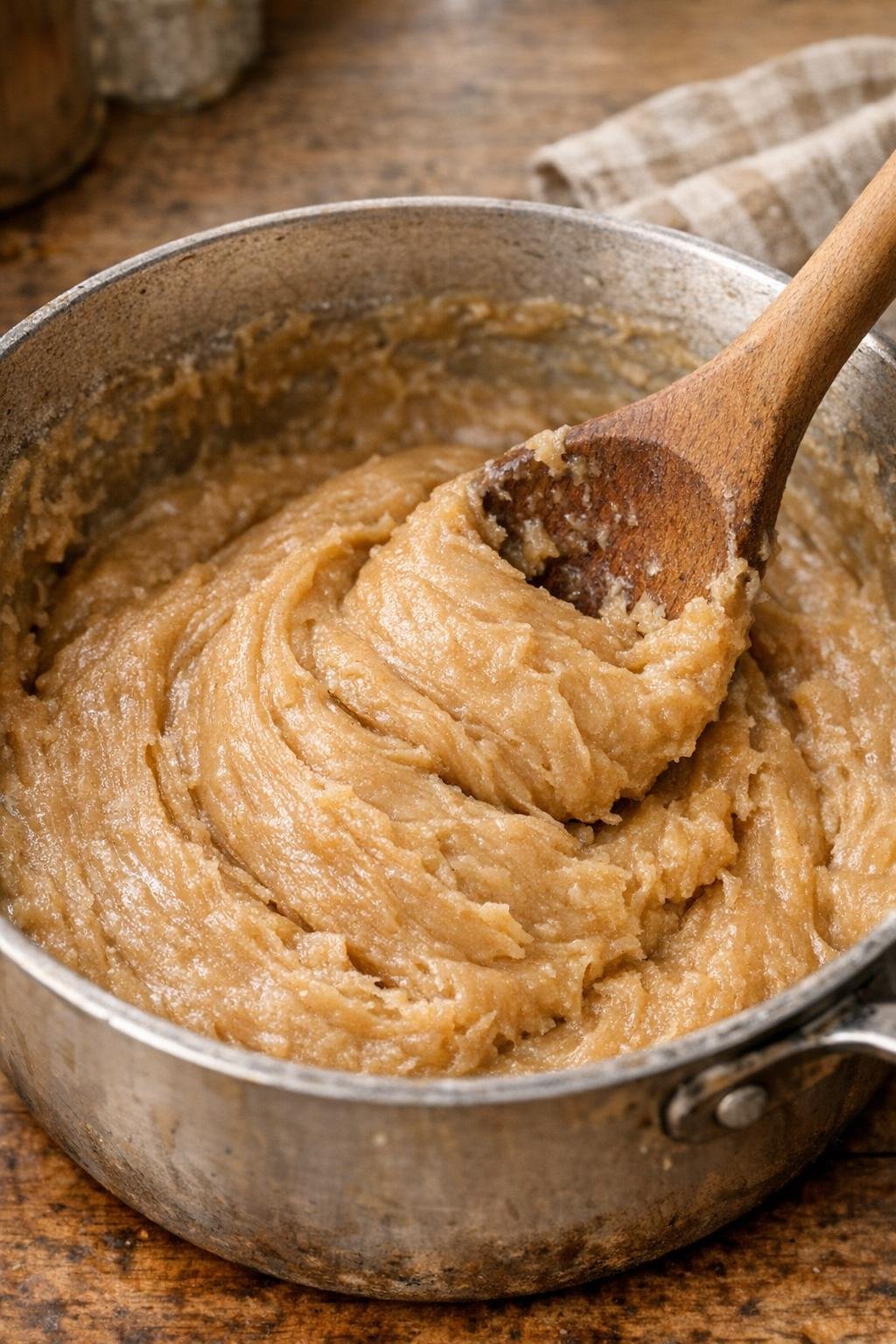 Thickened caramel fudge being beaten in a saucepan