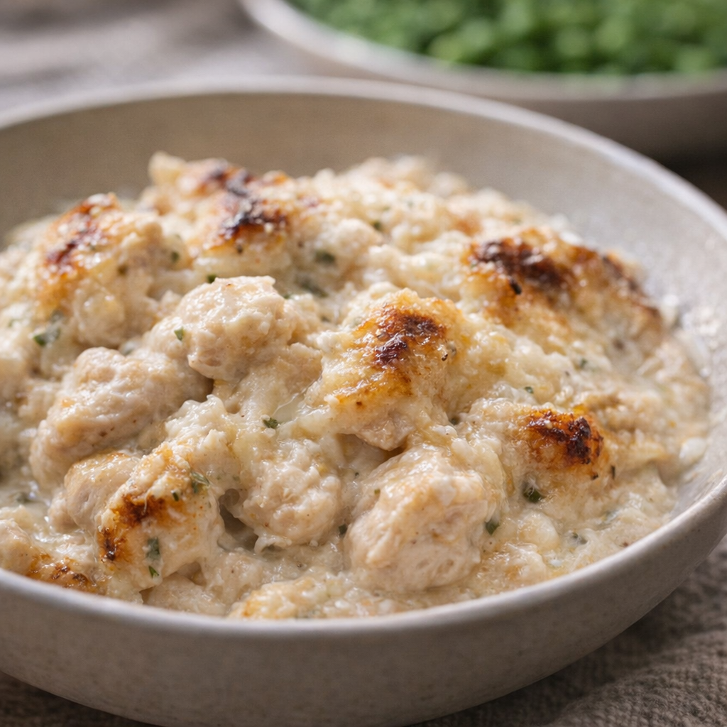 Served chicken casserole in a shallow bowl with creamy sauce