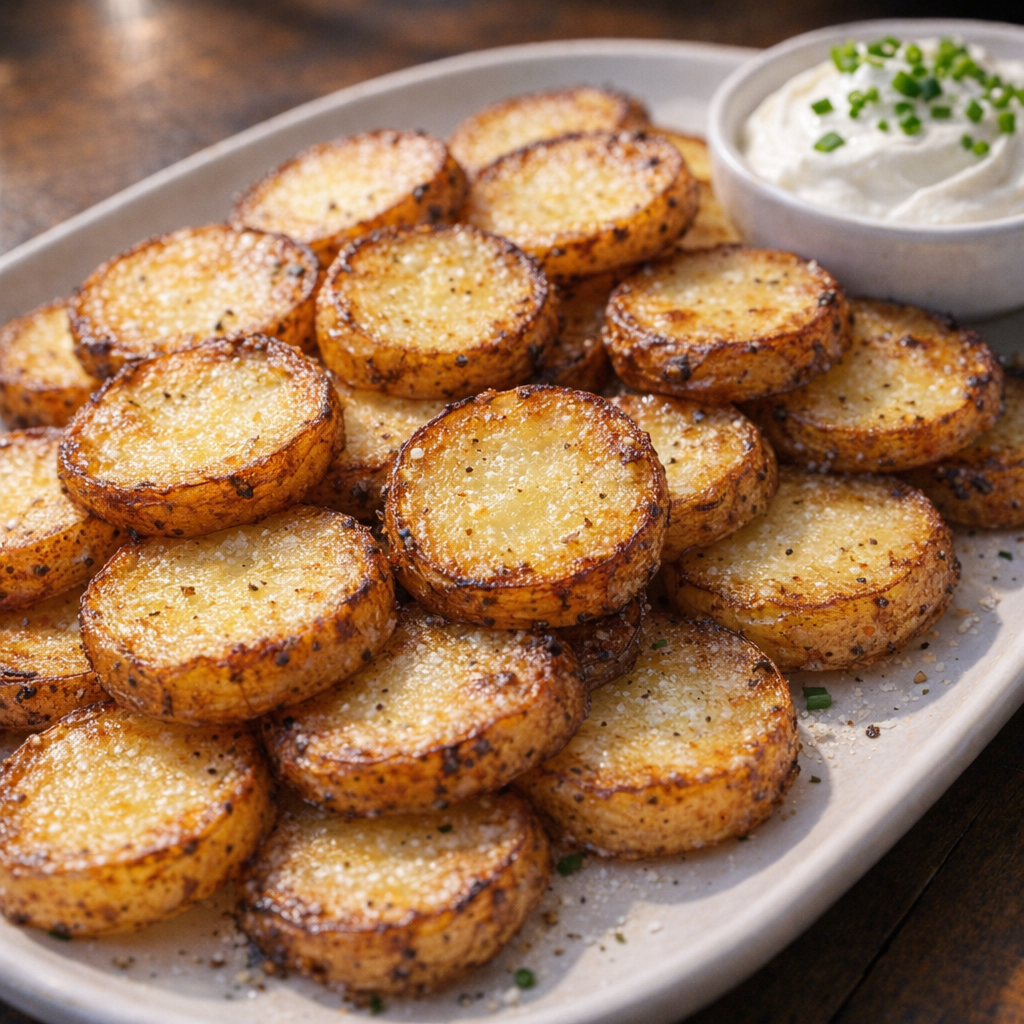 Finished crispy potato rounds on a serving platter