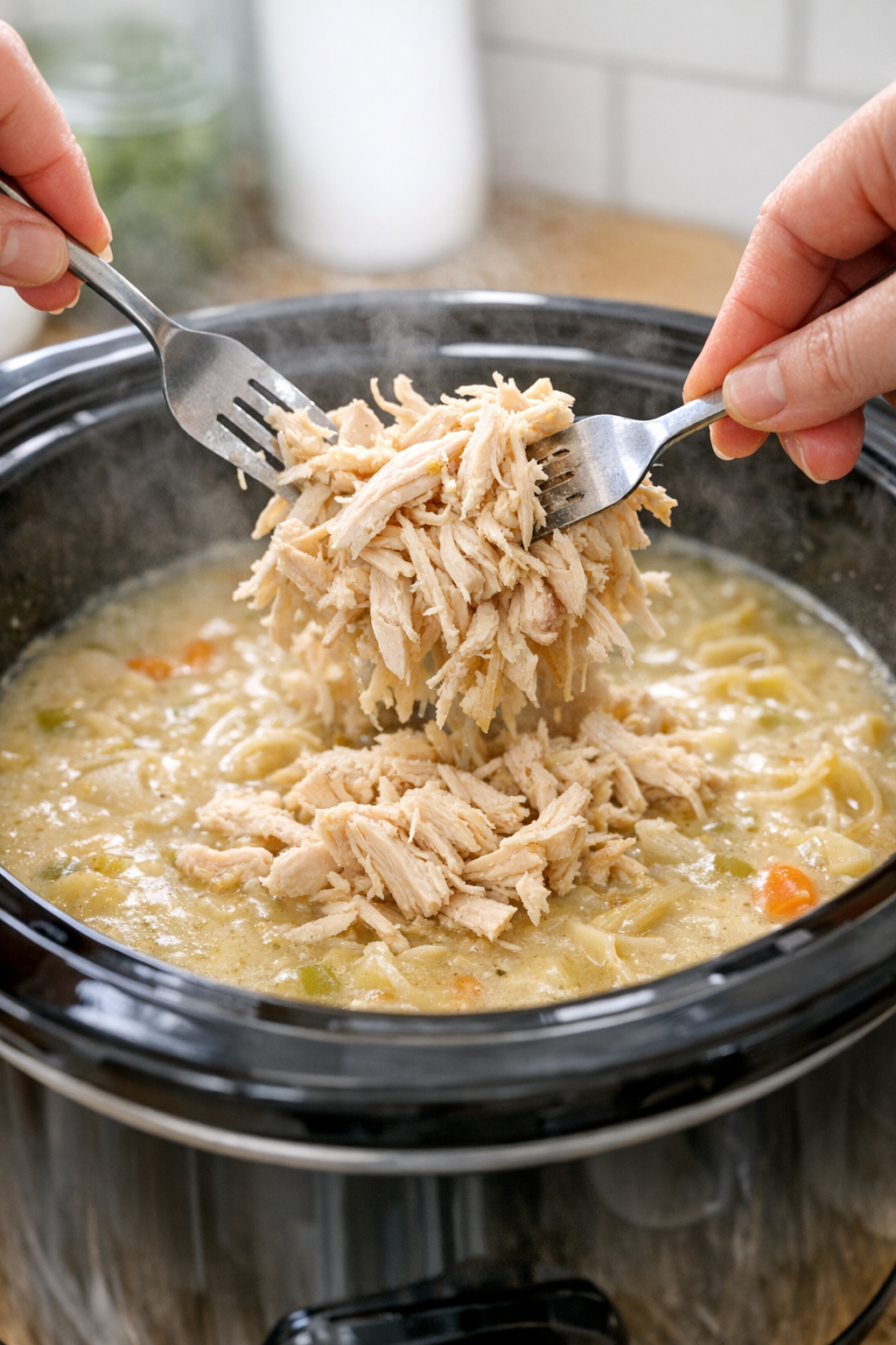 Shredded chicken being returned to slow cooker