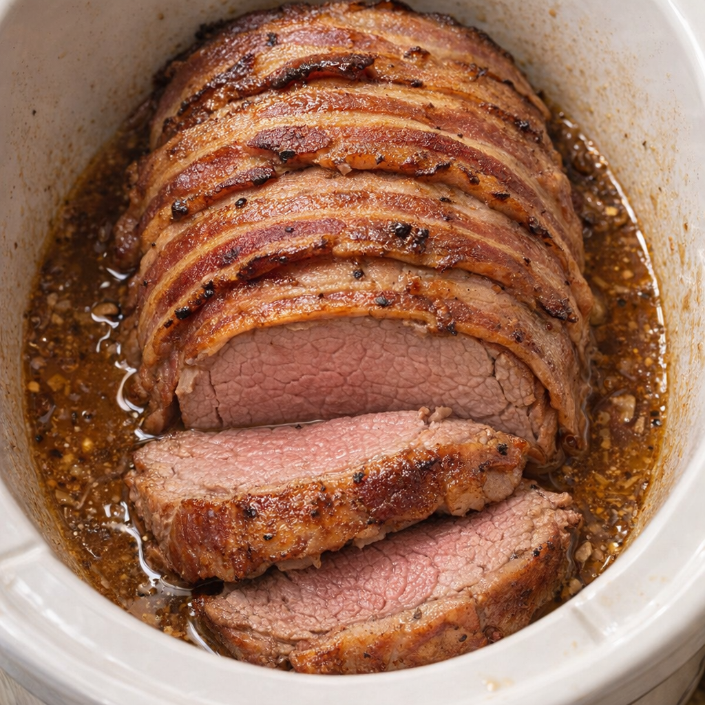 Cooked bacon-wrapped sirloin roast inside a slow cooker
