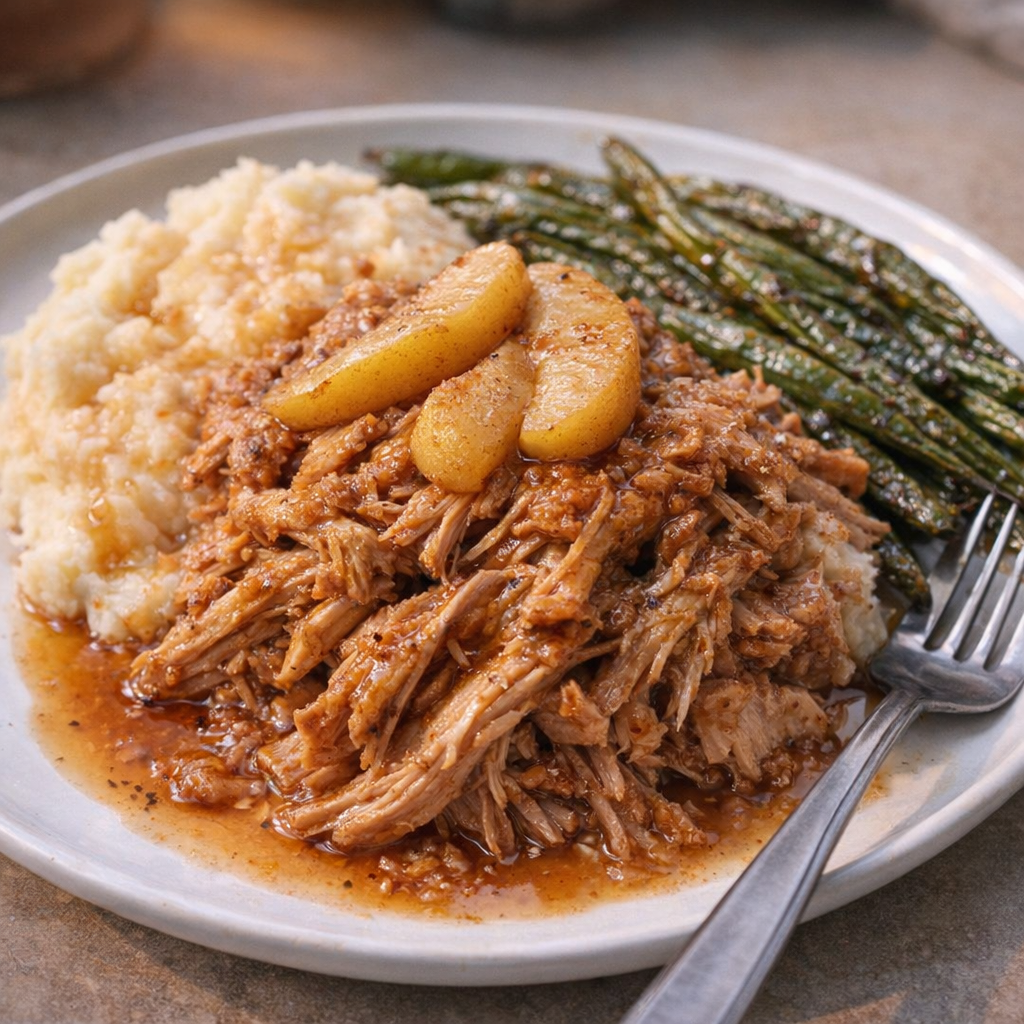 Apple cider pork served on a white dinner plate