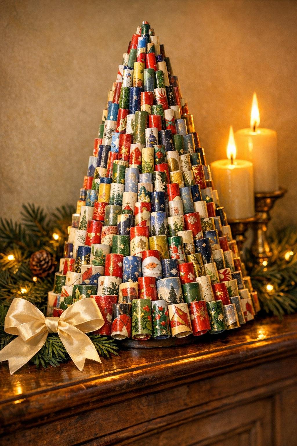 Finished tabletop tree made from rolled old Christmas cards displayed on a holiday mantel