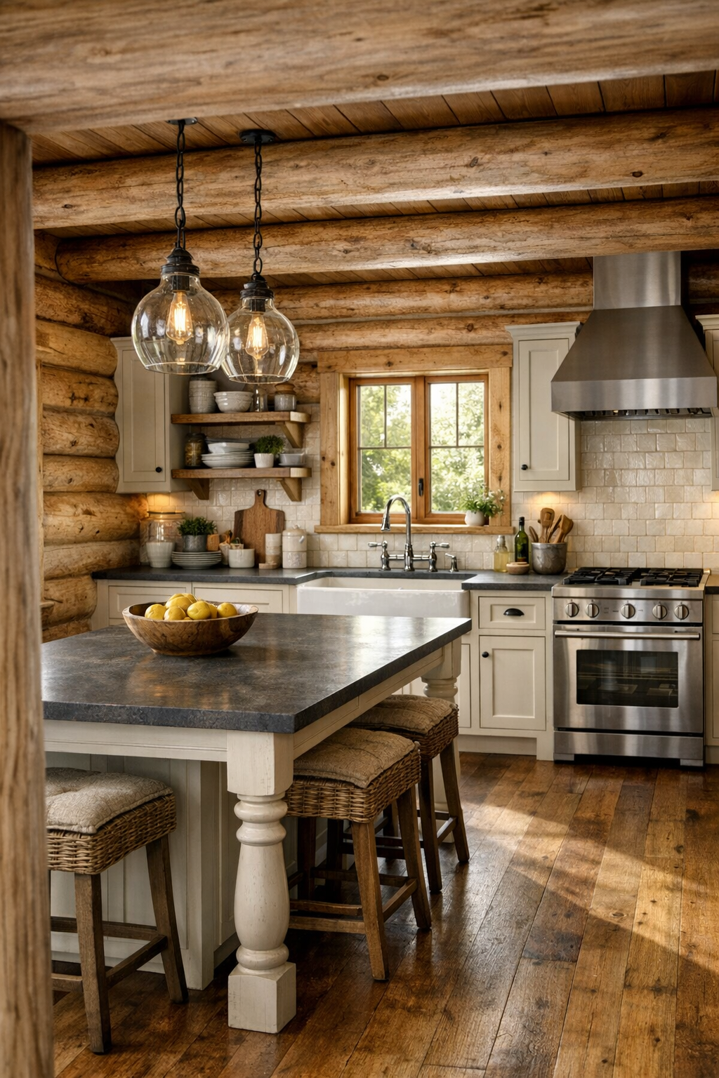 Timeless kitchen with creamy cabinets, a wood island, and apron-front sink