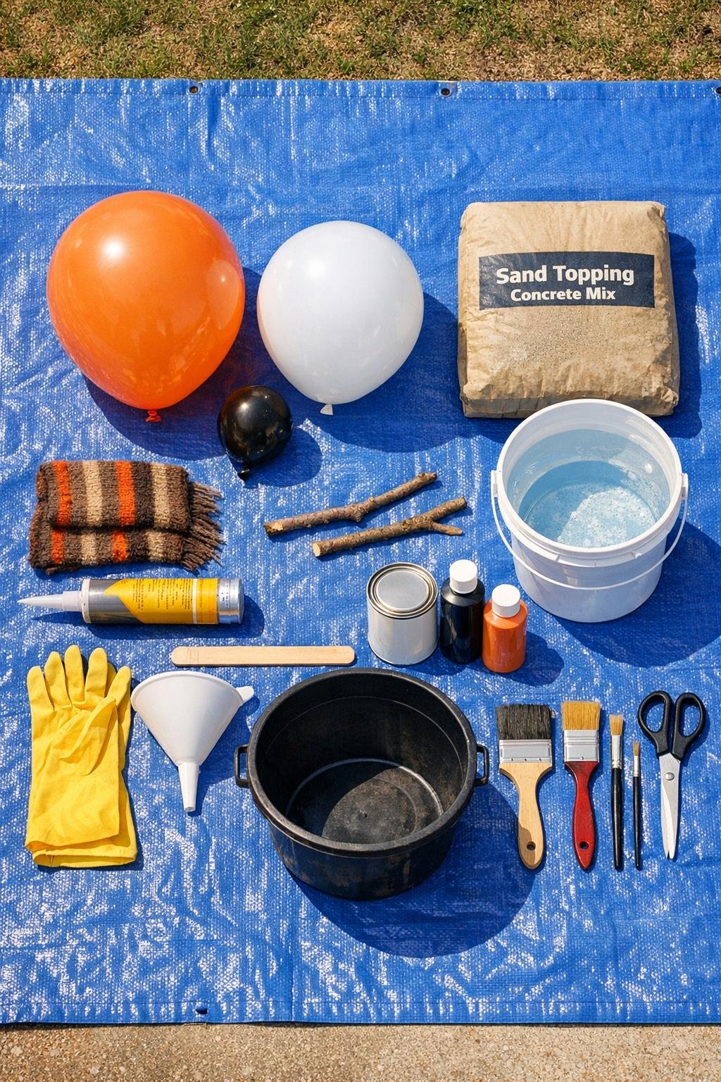 Concrete mix, balloons, paint, scarf, twigs, and tools laid out for the project