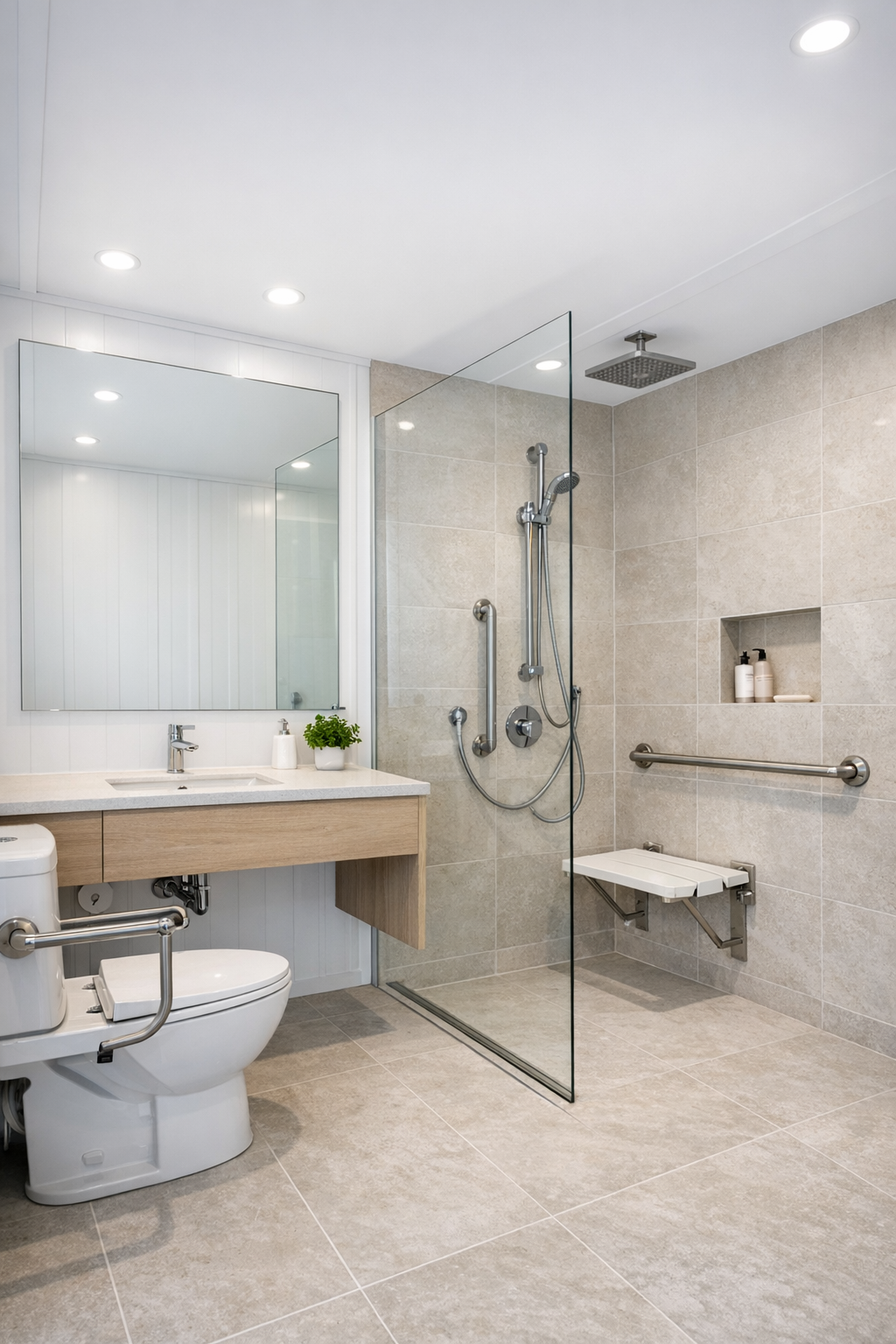 Modern accessible bathroom with a curbless shower and floating vanity