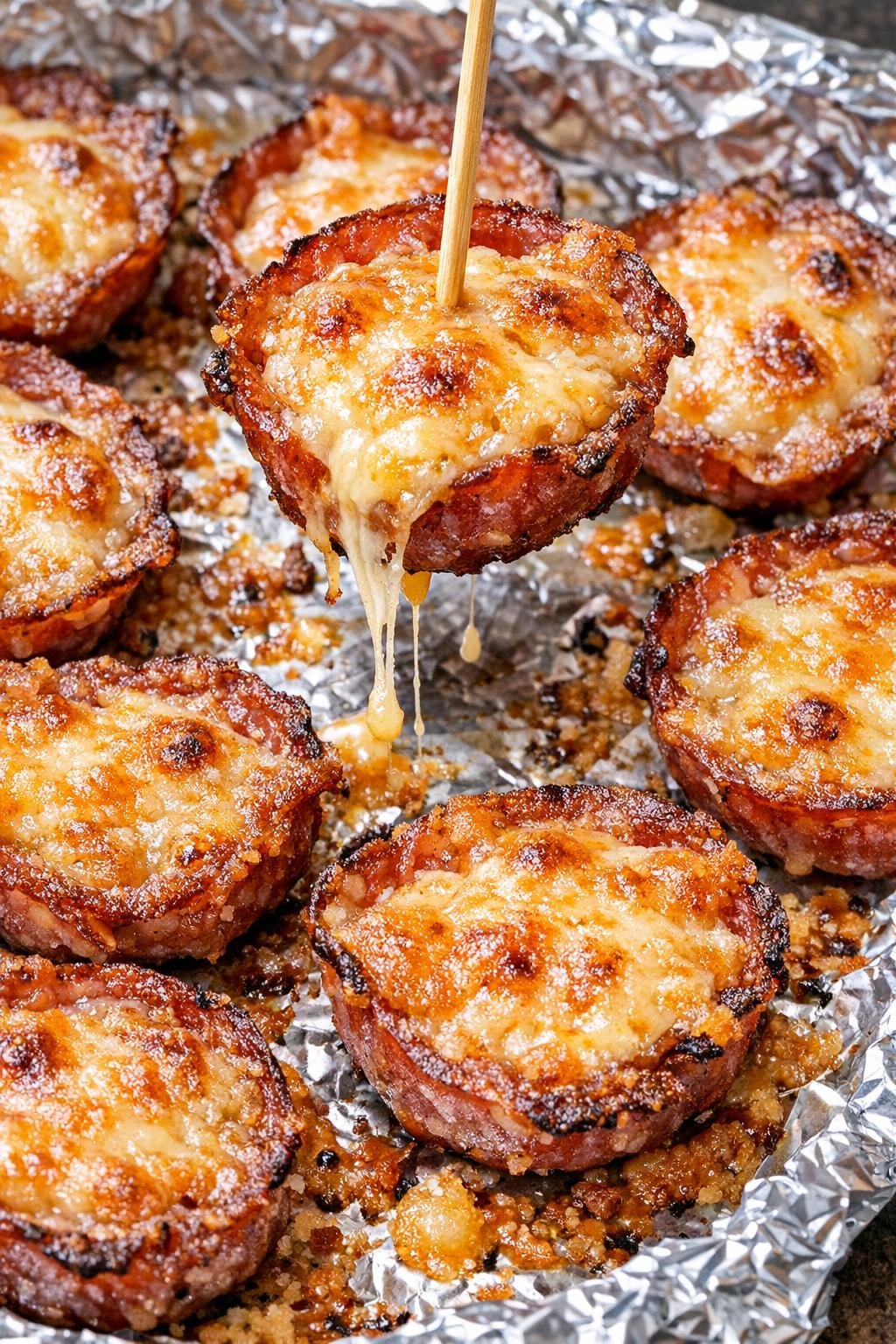 Low carb salami bites on a foil tray