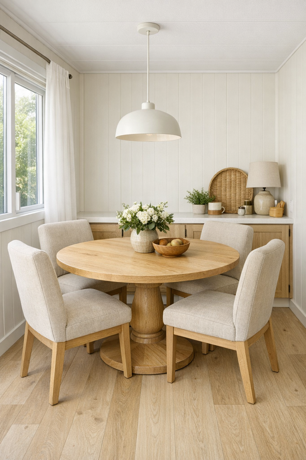 Light dining area with round table and cushioned chairs