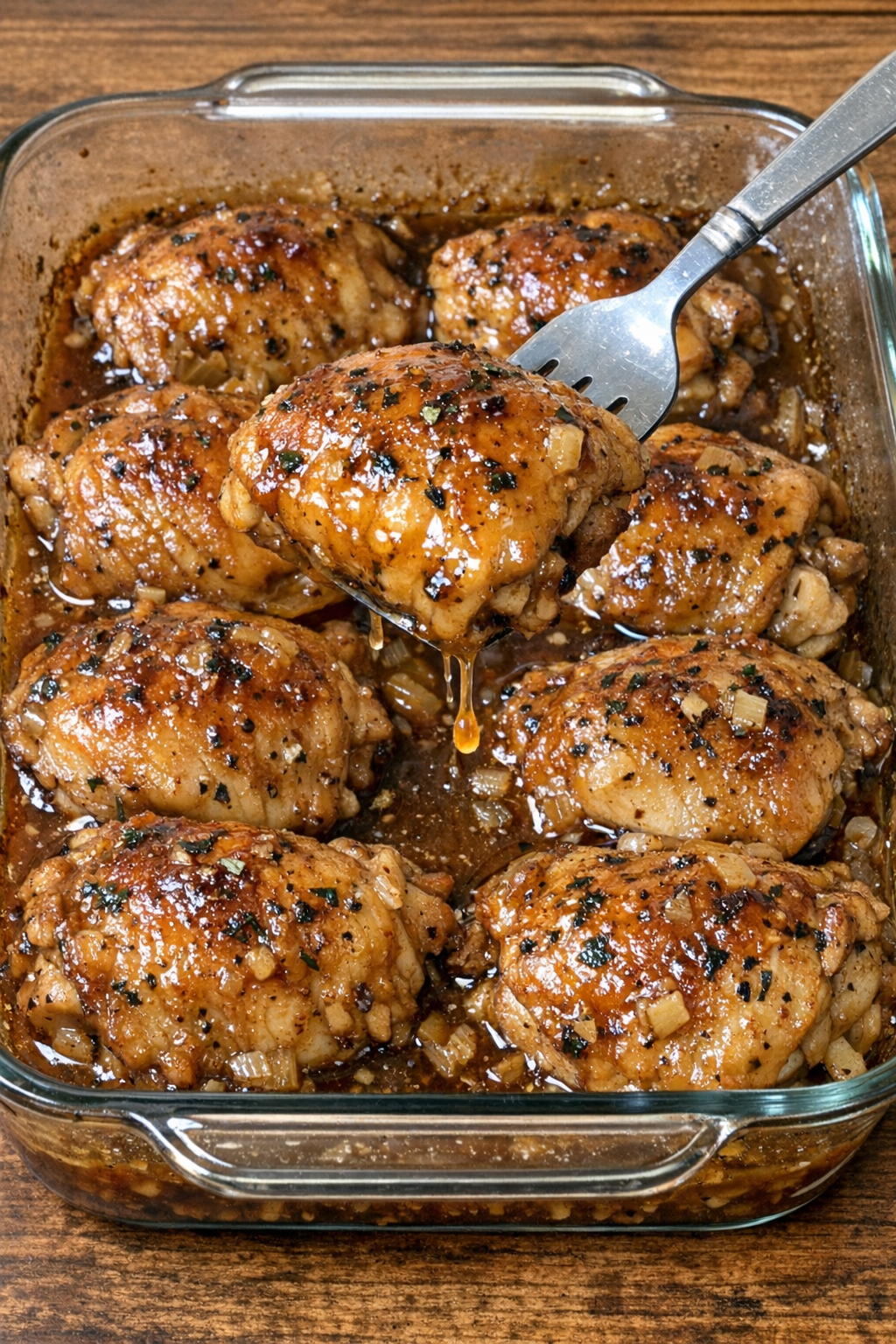 Tender chicken thighs glazed with amber sauce in a rectangular baking dish