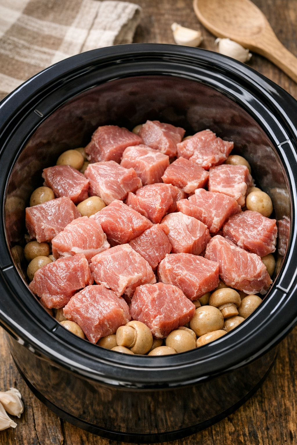 Pork layered over mushrooms