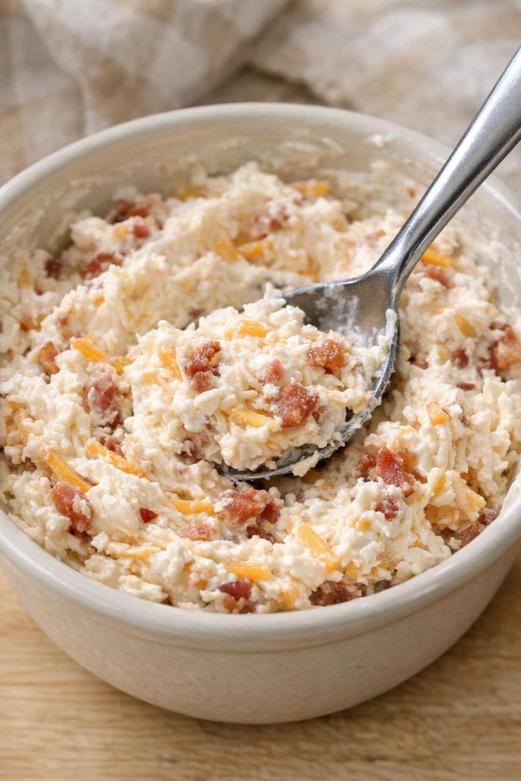 Savory bacon and cheese filling mixed in a bowl