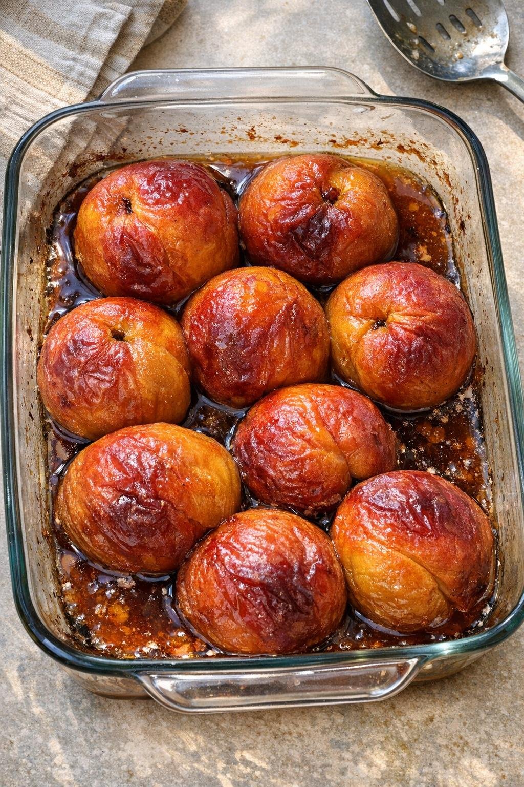 Baked whole peaches in a glass casserole dish
