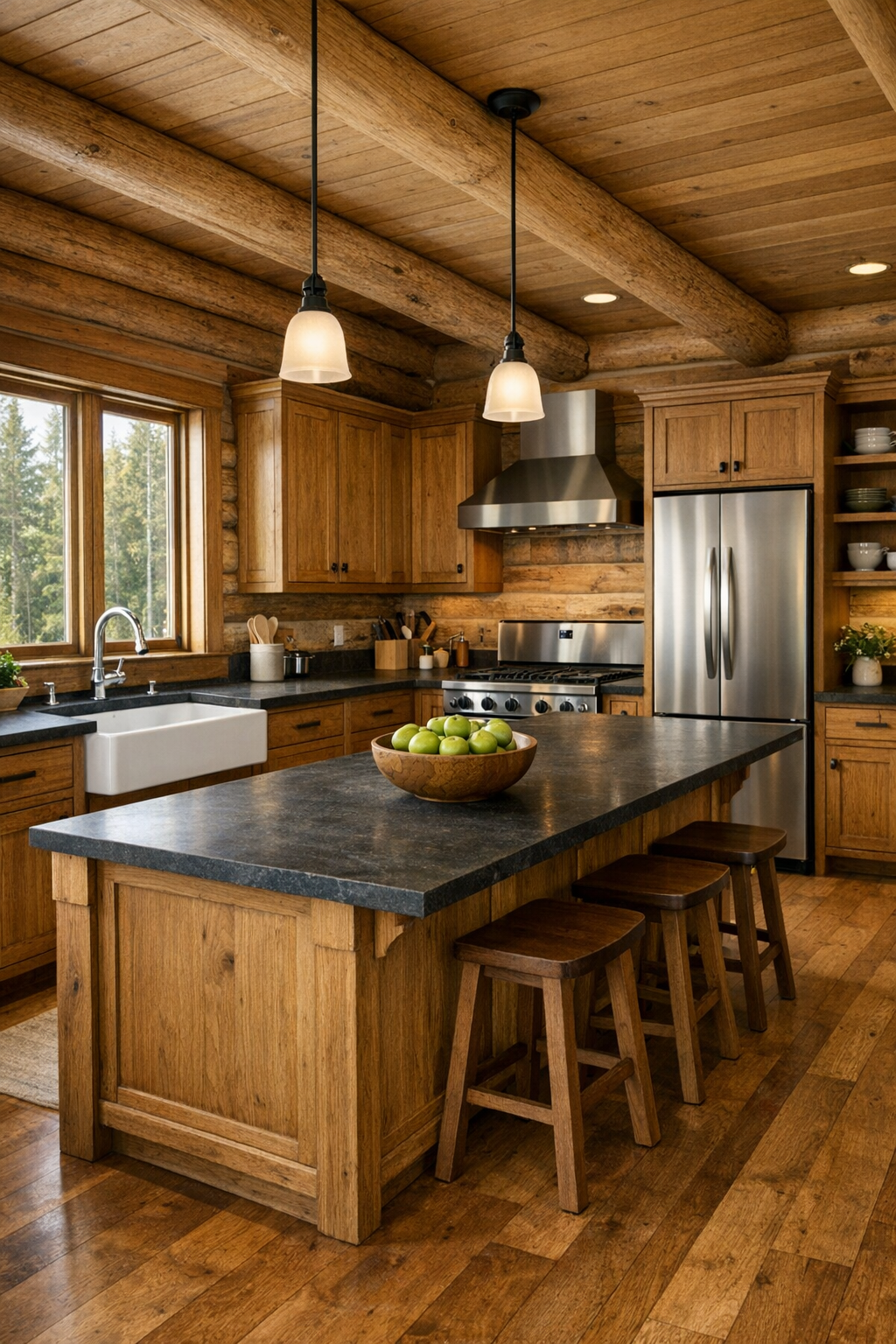 Kitchen with handcrafted wood cabinetry, large island, and stone counters in a warm log home