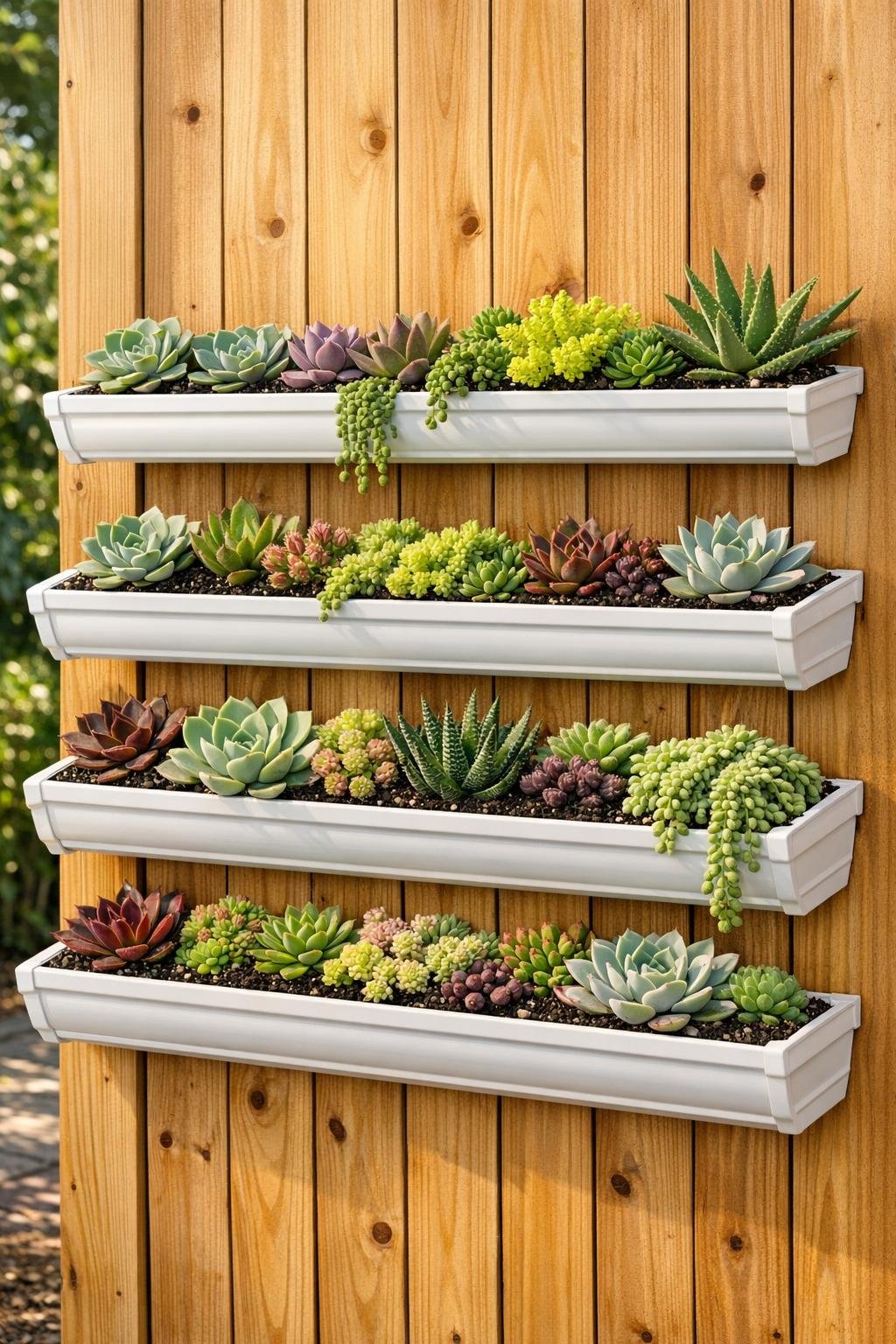Finished vertical succulent wall made from white gutters on a cedar fence panel