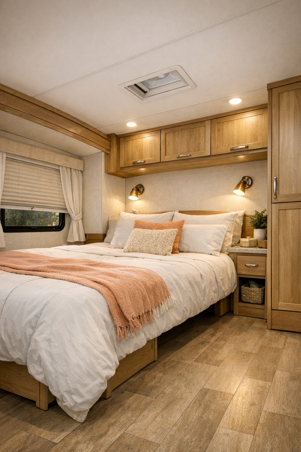 Calm RV bedroom with low bed, soft white bedding, peach details, and built-in storage