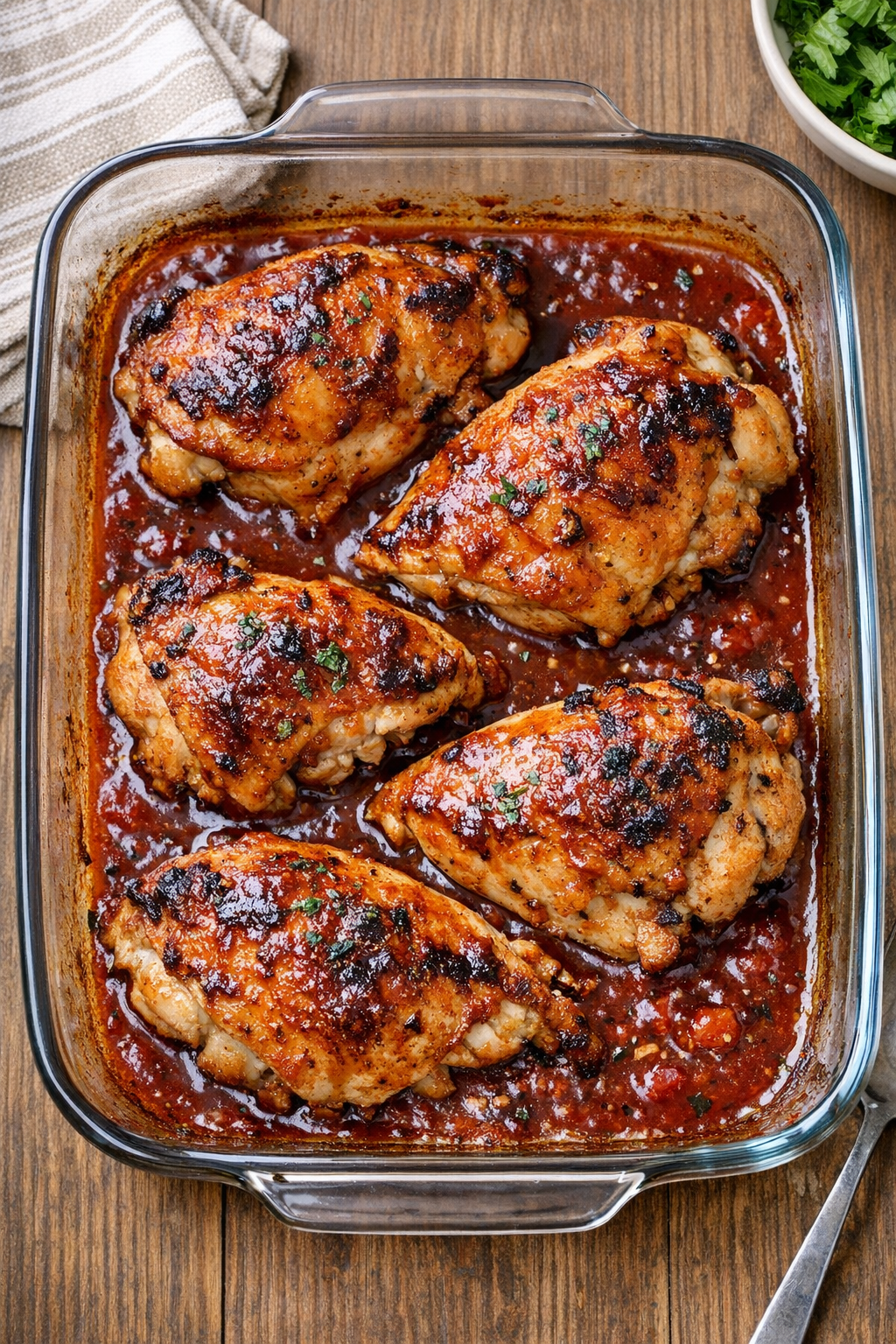 Finished baked split chicken breasts in a glass casserole dish with glossy red sauce