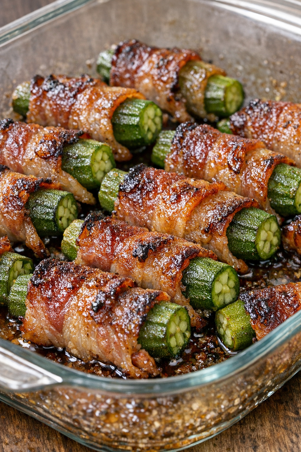 Southern 3-ingredient bacon wrapped okra in a glass casserole dish