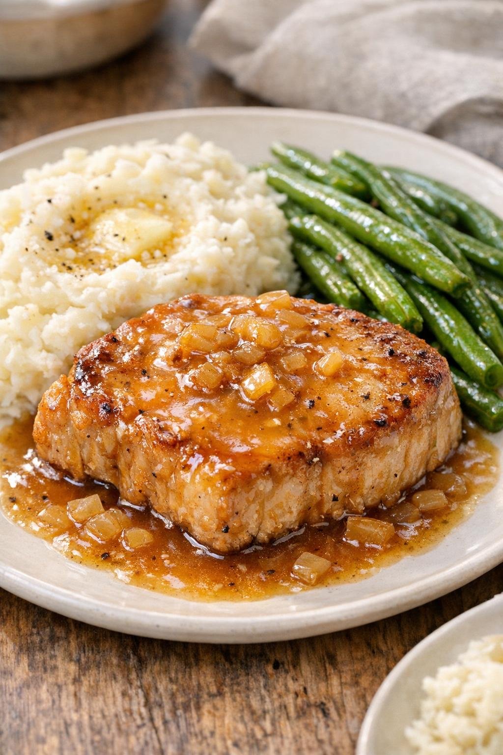 Plated apple cider pork chops with mashed potatoes and green beans