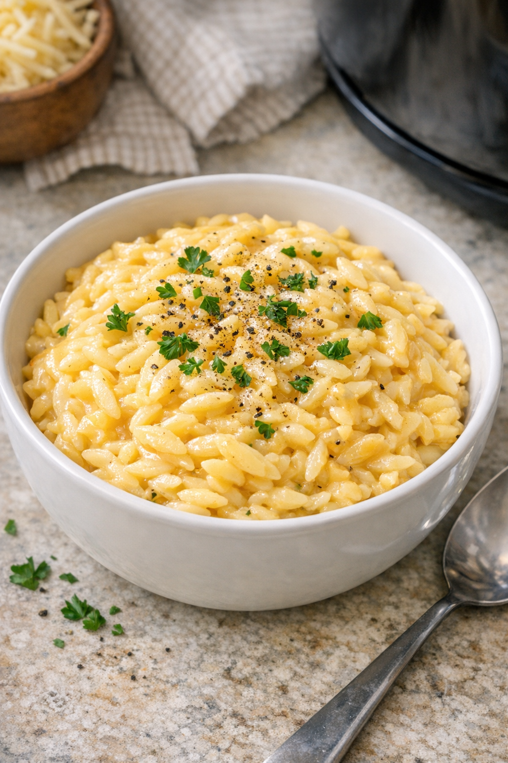 Creamy slow cooker orzo in a serving bowl