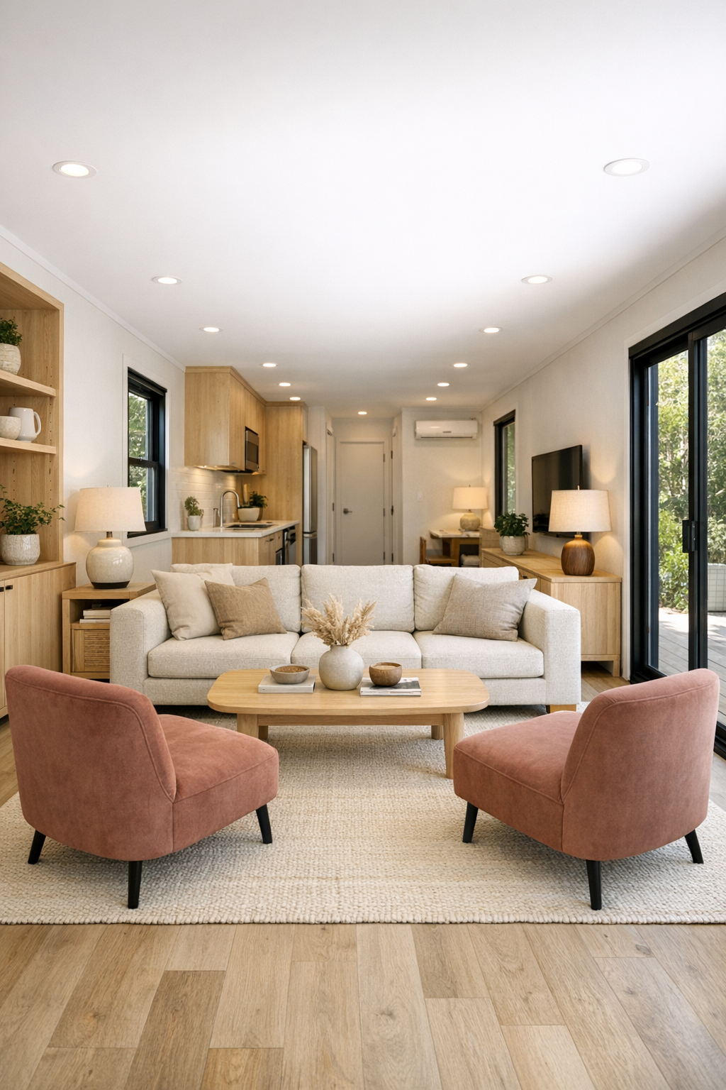 Accessible container home living room with taupe, wood, and soft neutral furnishings