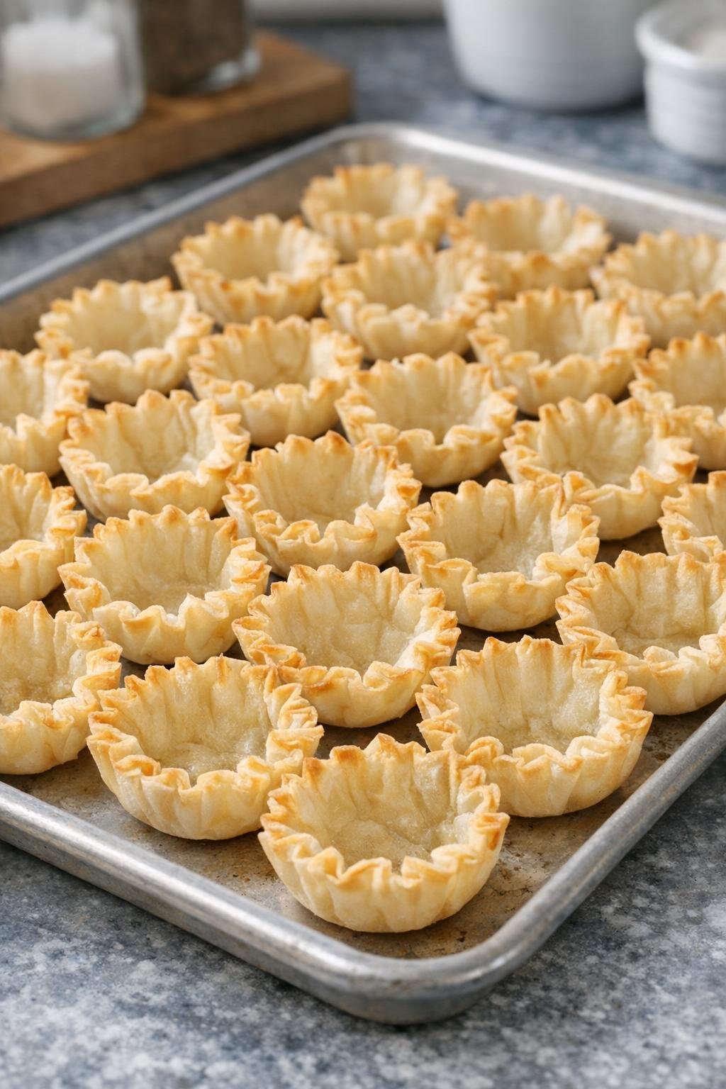 Phyllo shells arranged on a baking sheet