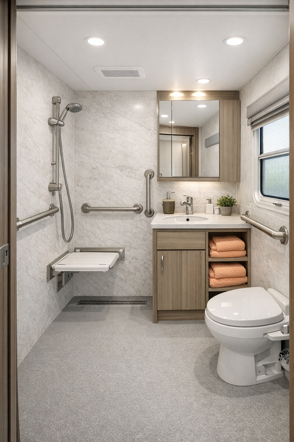 Bright accessible RV bathroom with curbless shower, white stone-look walls, and apricot towels