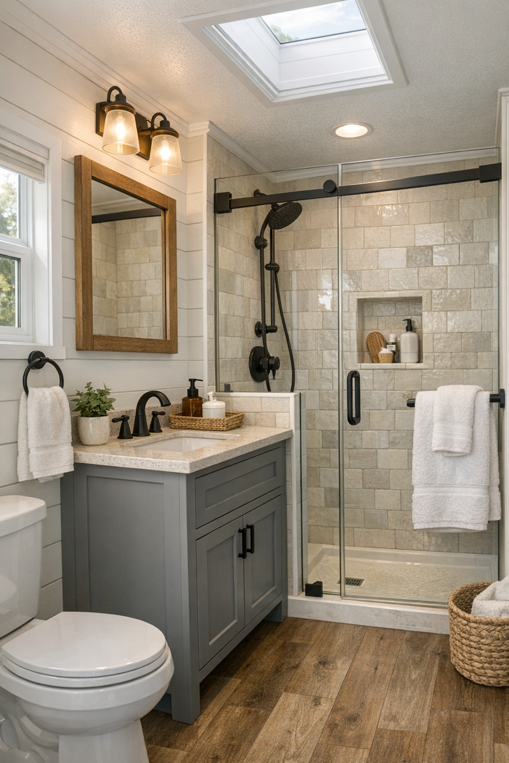 Refined compact bathroom with shaker vanity, light tile, and craftsman-inspired finishes