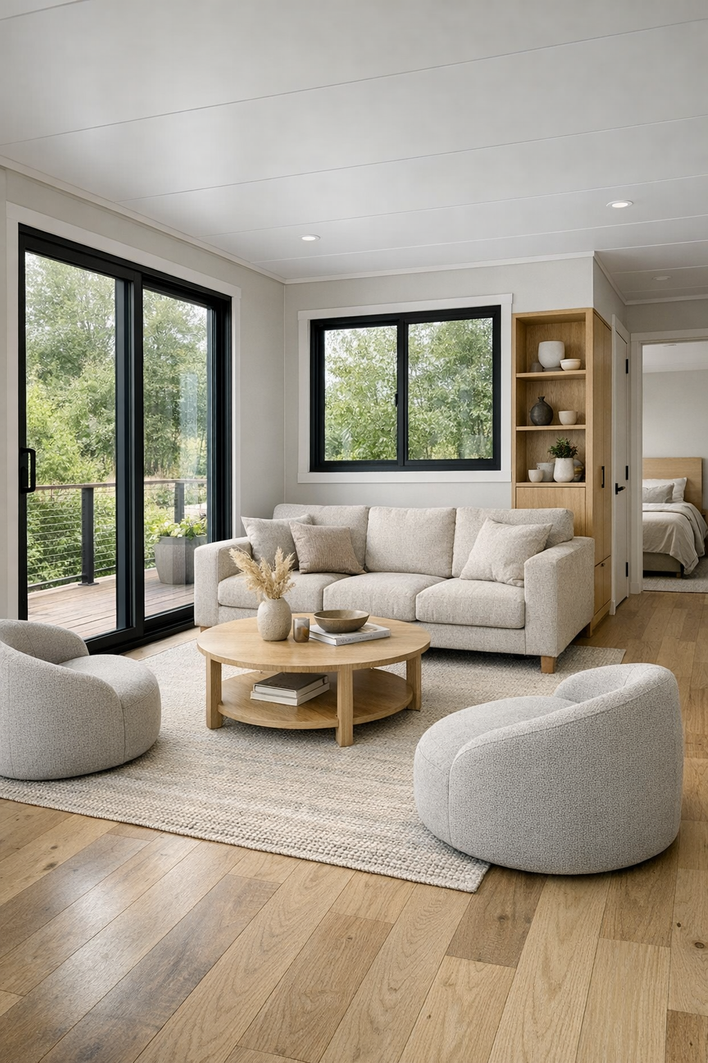 Soft modern accessible living room with oatmeal sofa and pale oak finishes