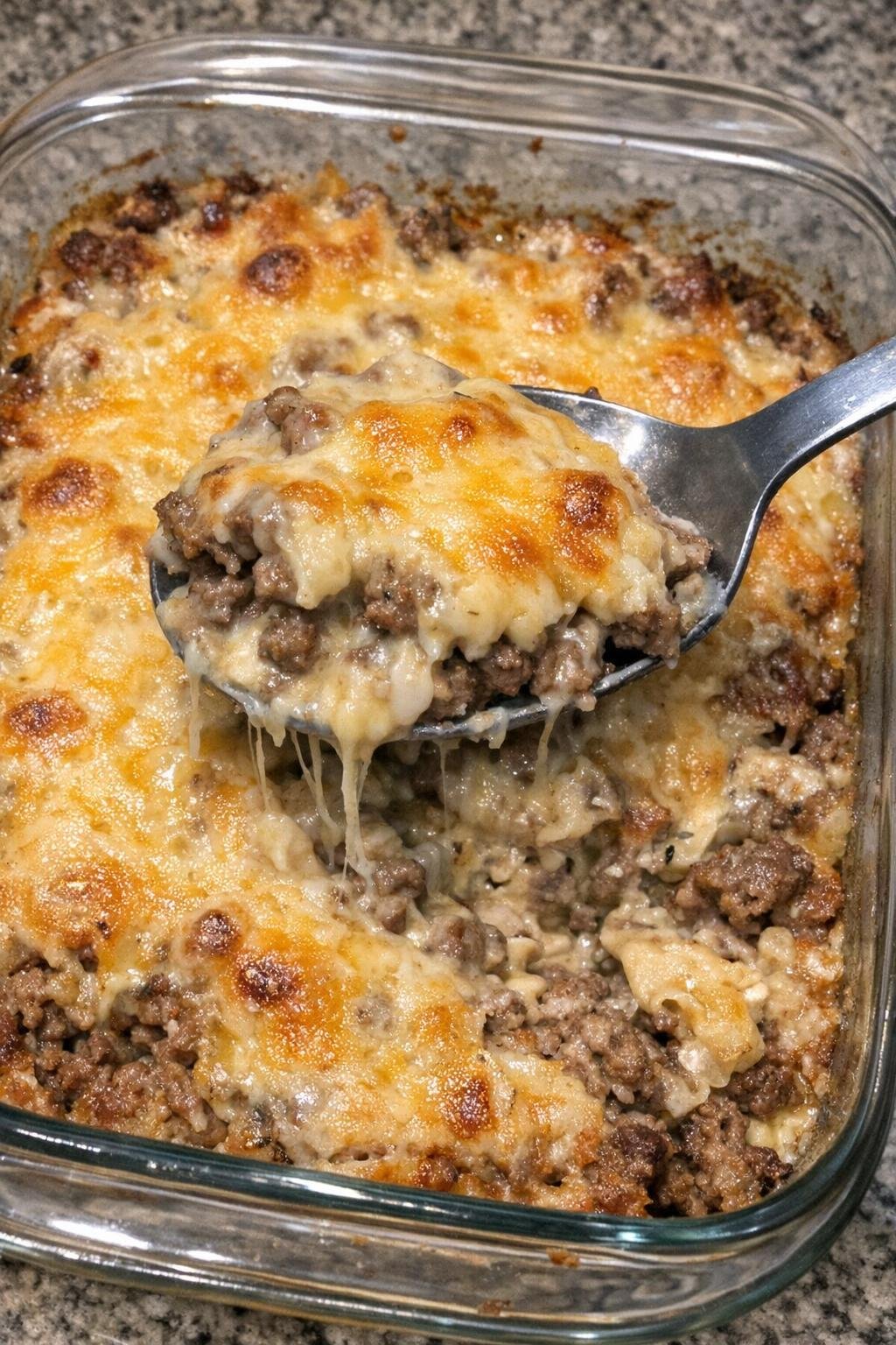 Hearty beef casserole with melted cheese