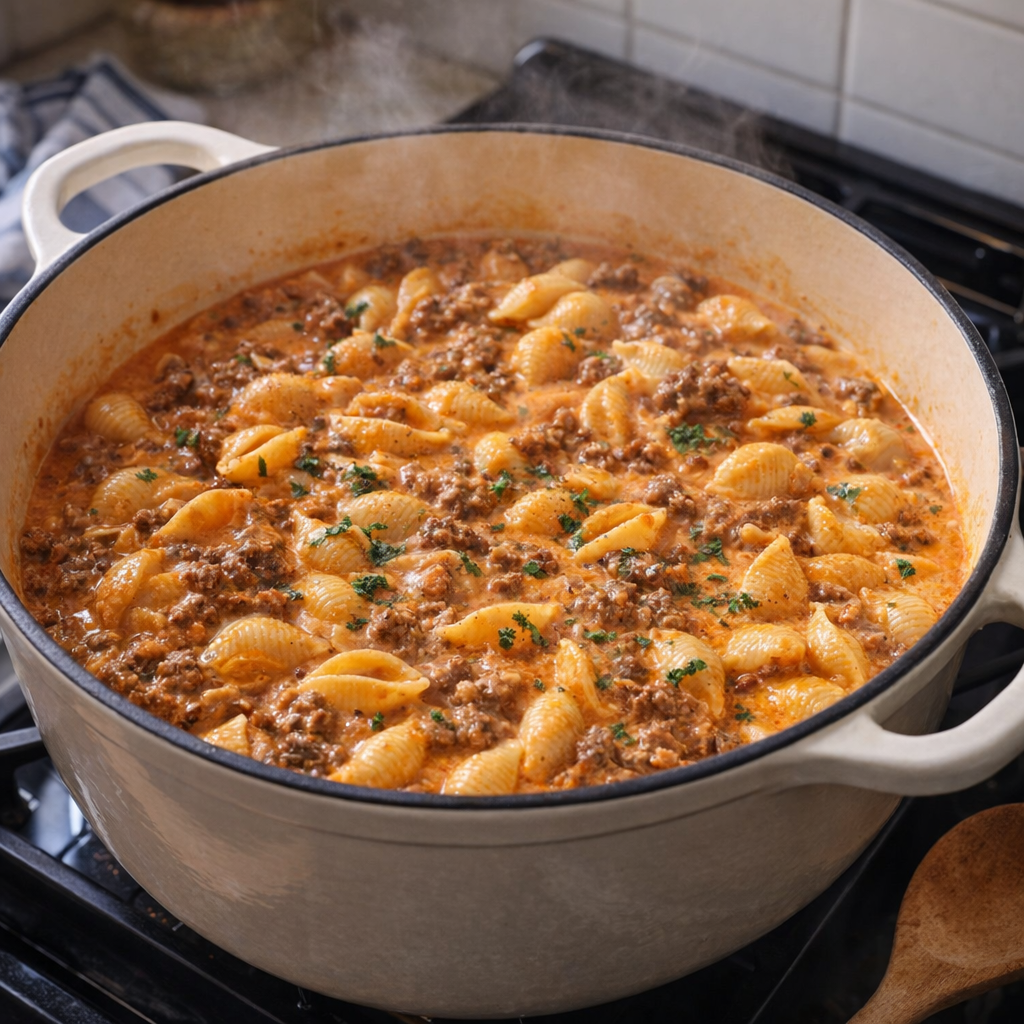 Dutch oven filled with creamy beef and shells on a home stovetop