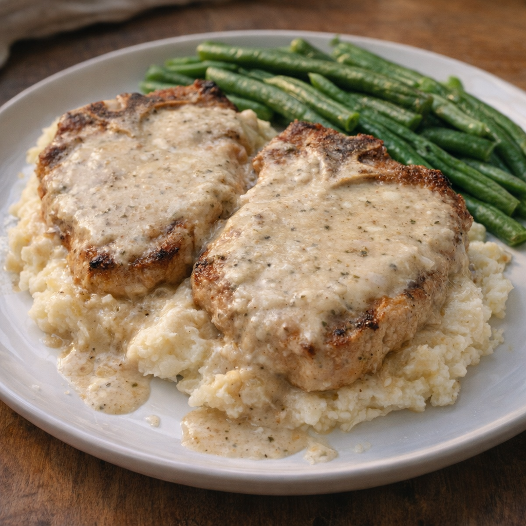 Slow cooker ranch pork chops plated with creamy gravy