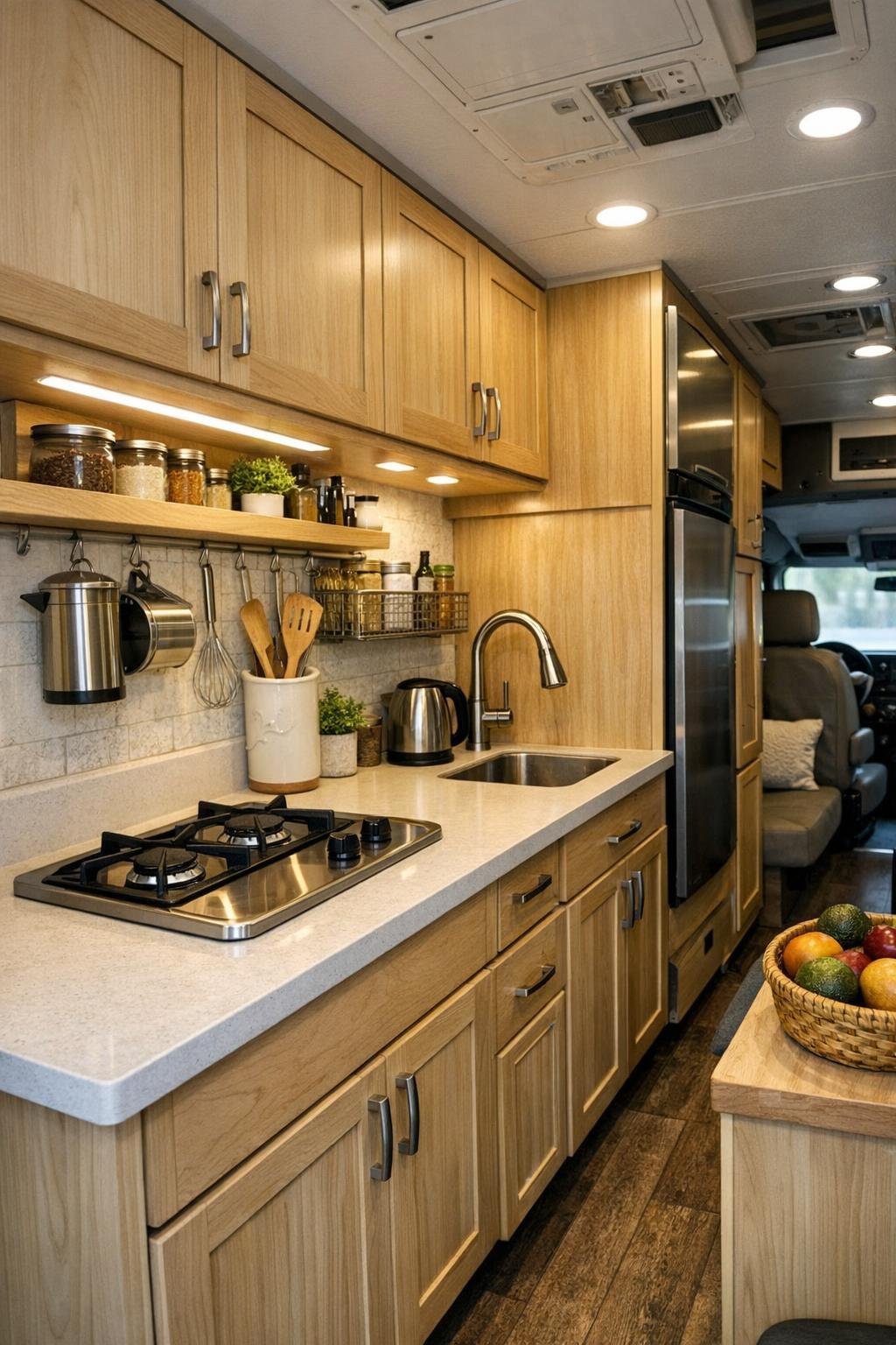 Compact galley kitchen in camper with pale countertops and light wood cabinets
