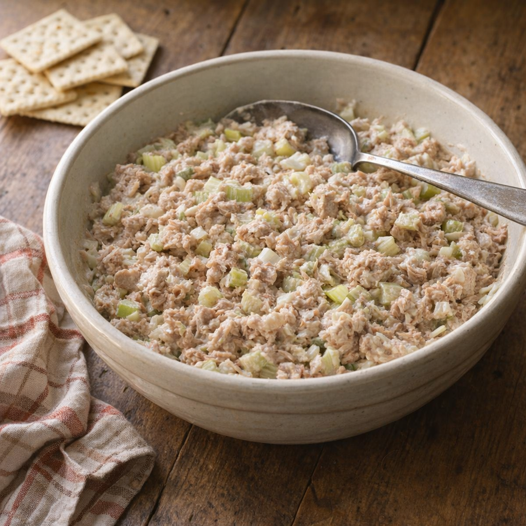 Large bowl of homemade tuna salad on a country kitchen table