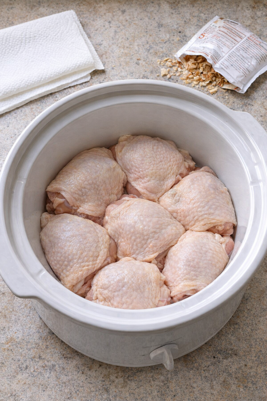 Chicken thighs arranged in a slow cooker before cooking