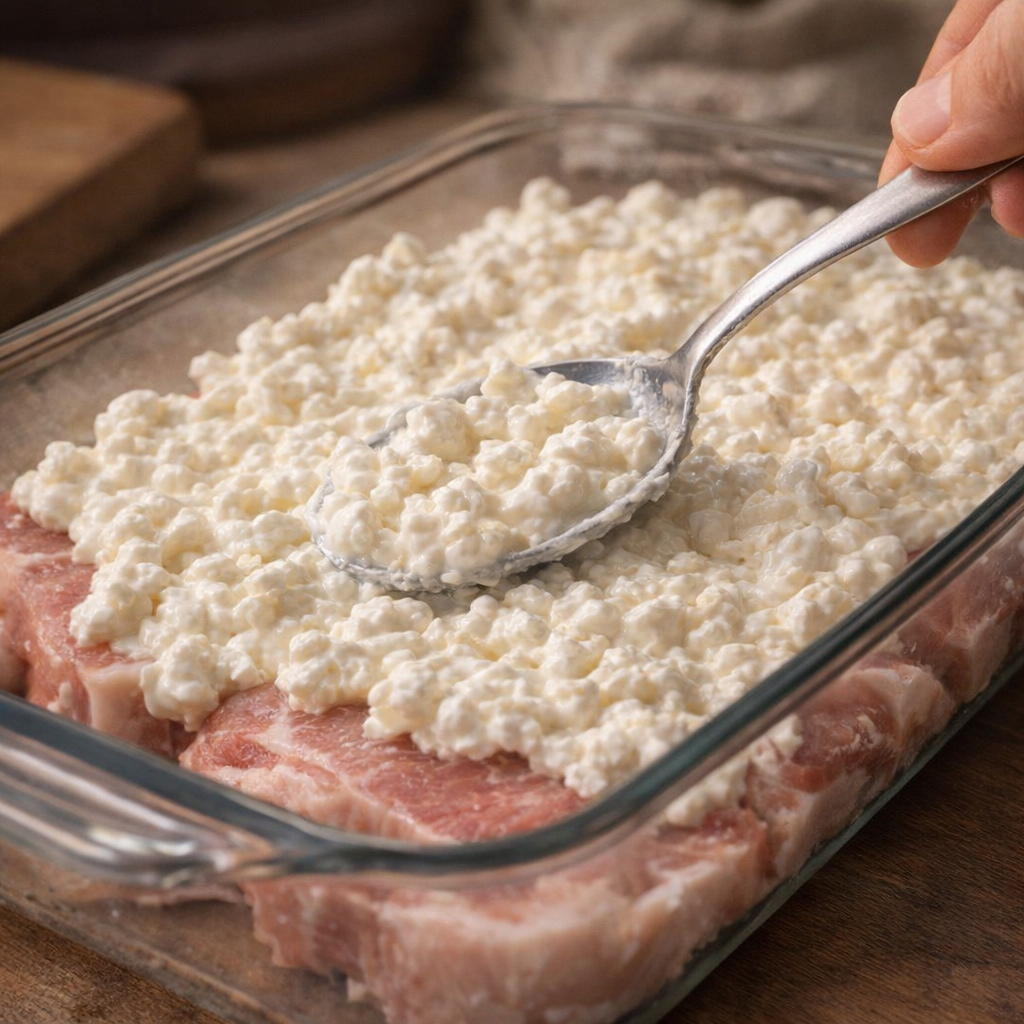Cottage cheese spread thickly over pork chops before baking