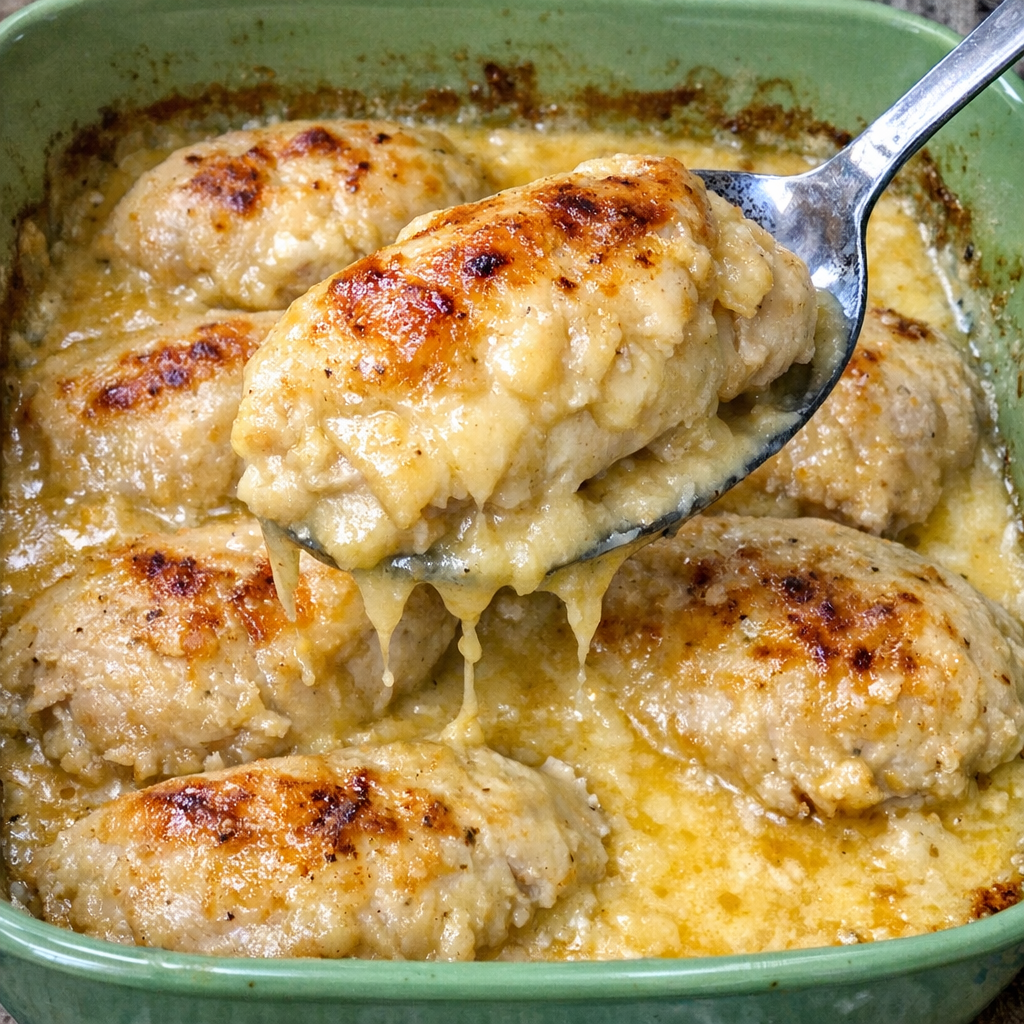 Tender chicken in creamy golden sauce in a green vintage casserole dish