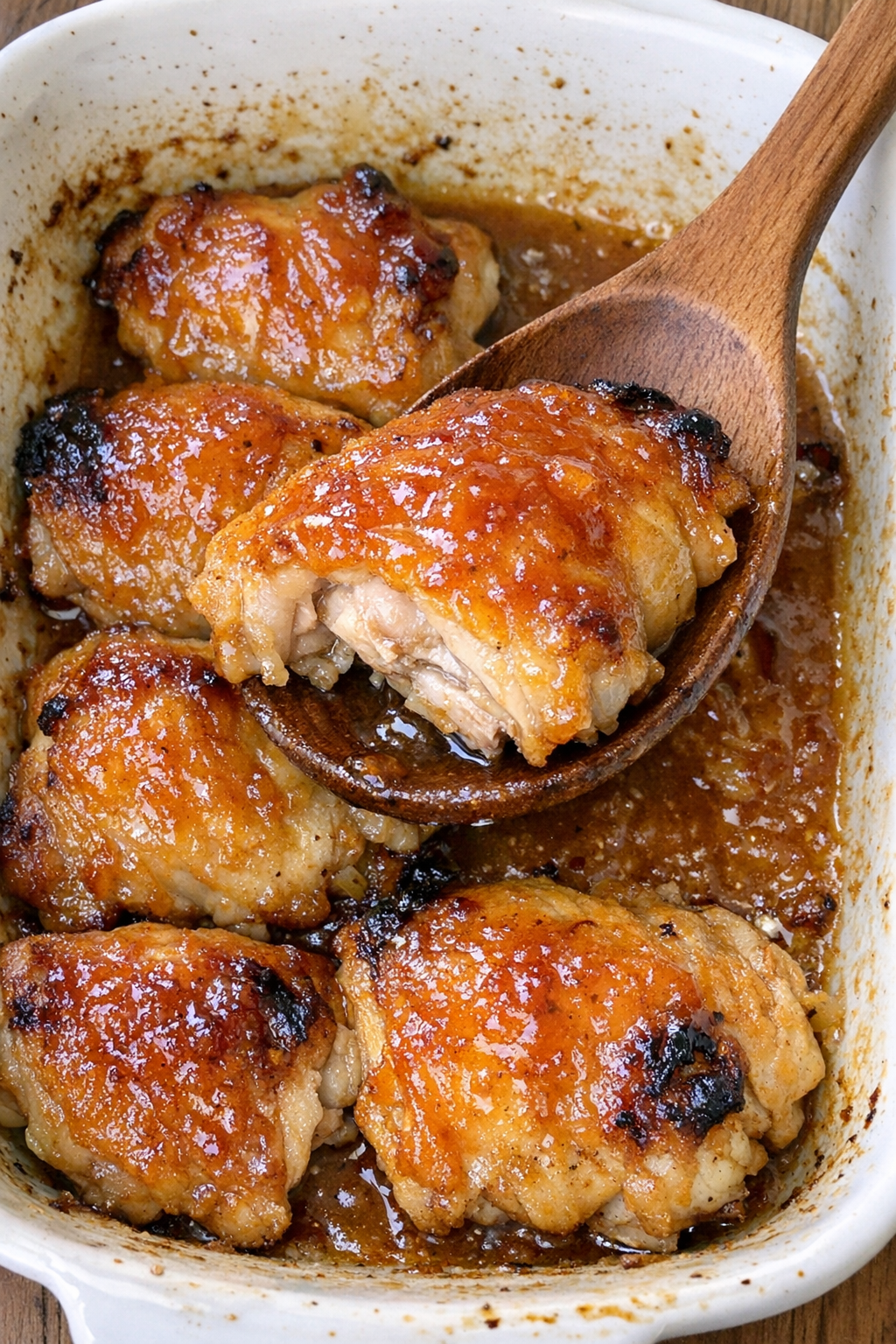 Golden brown chicken thighs with glossy apricot glaze in a white casserole dish