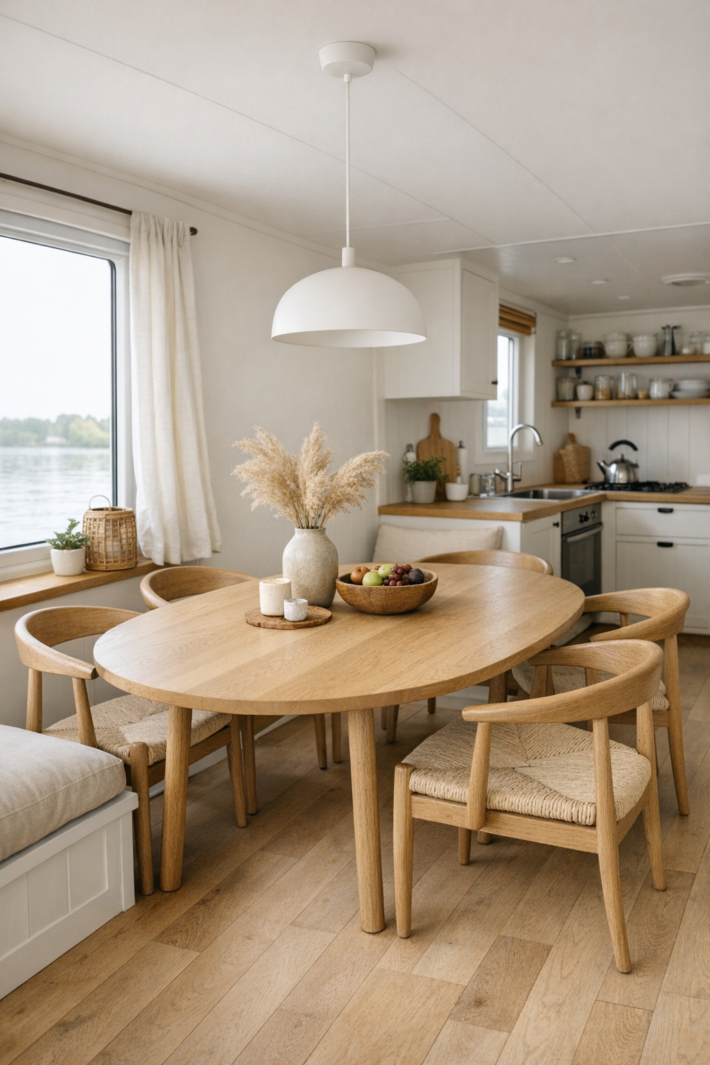 Light-filled Scandinavian dining room with an oval oak table and woven chairs near the kitchen