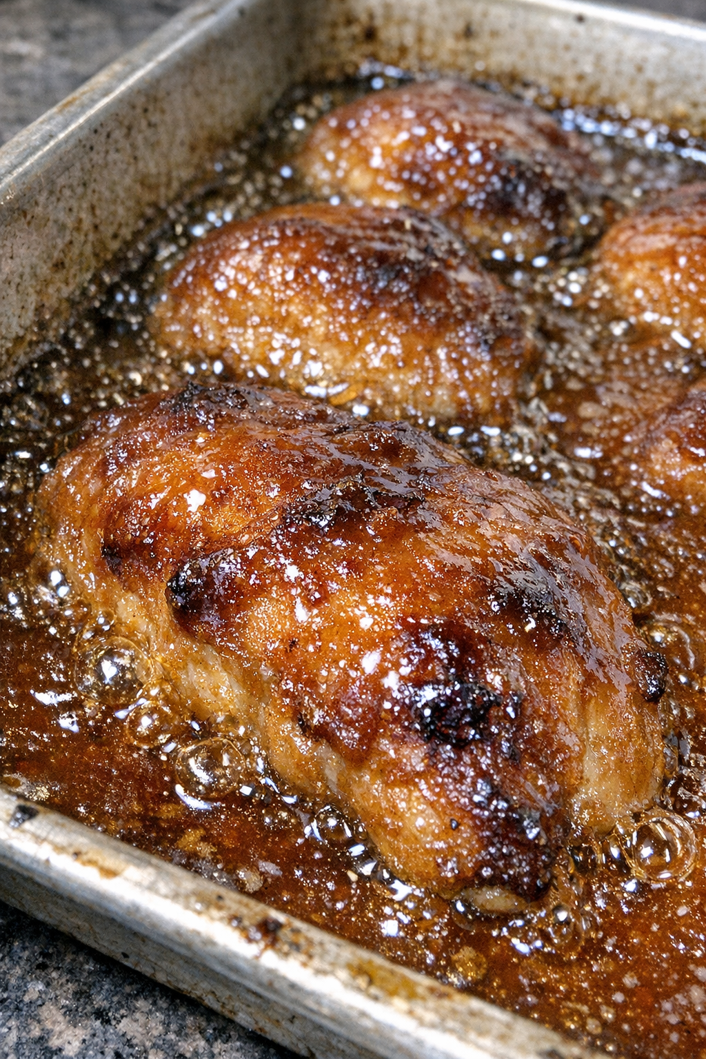 Roasted protein in amber sauce bubbling in a metal baking sheet