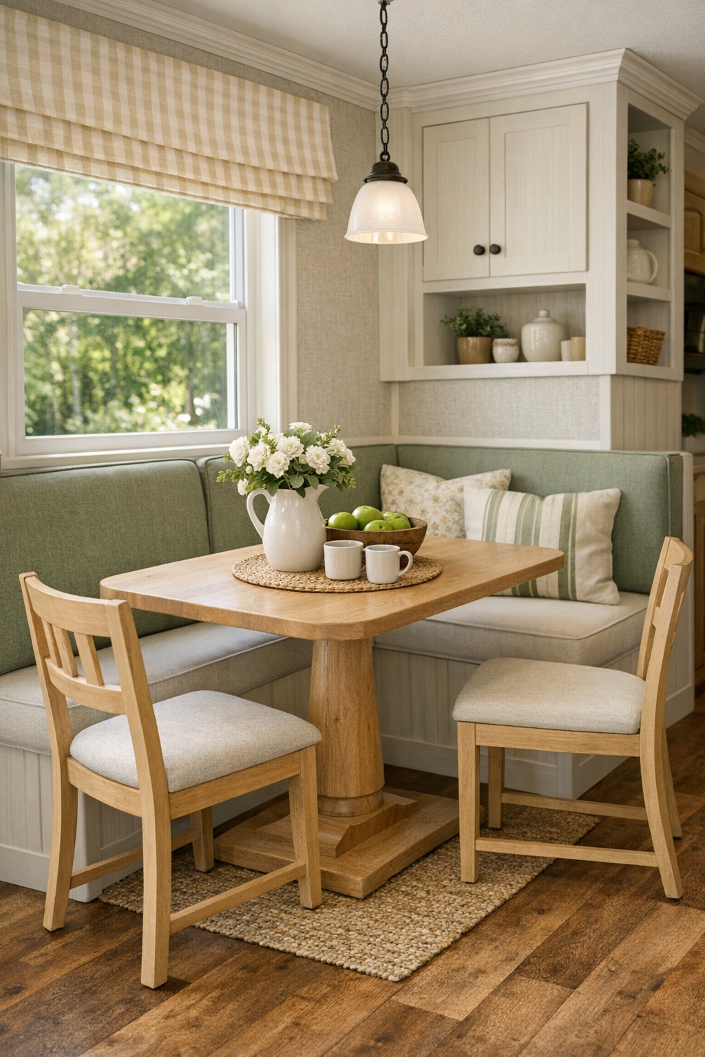 Cozy dining nook with built-in banquette, light wood table, and soft cottage details