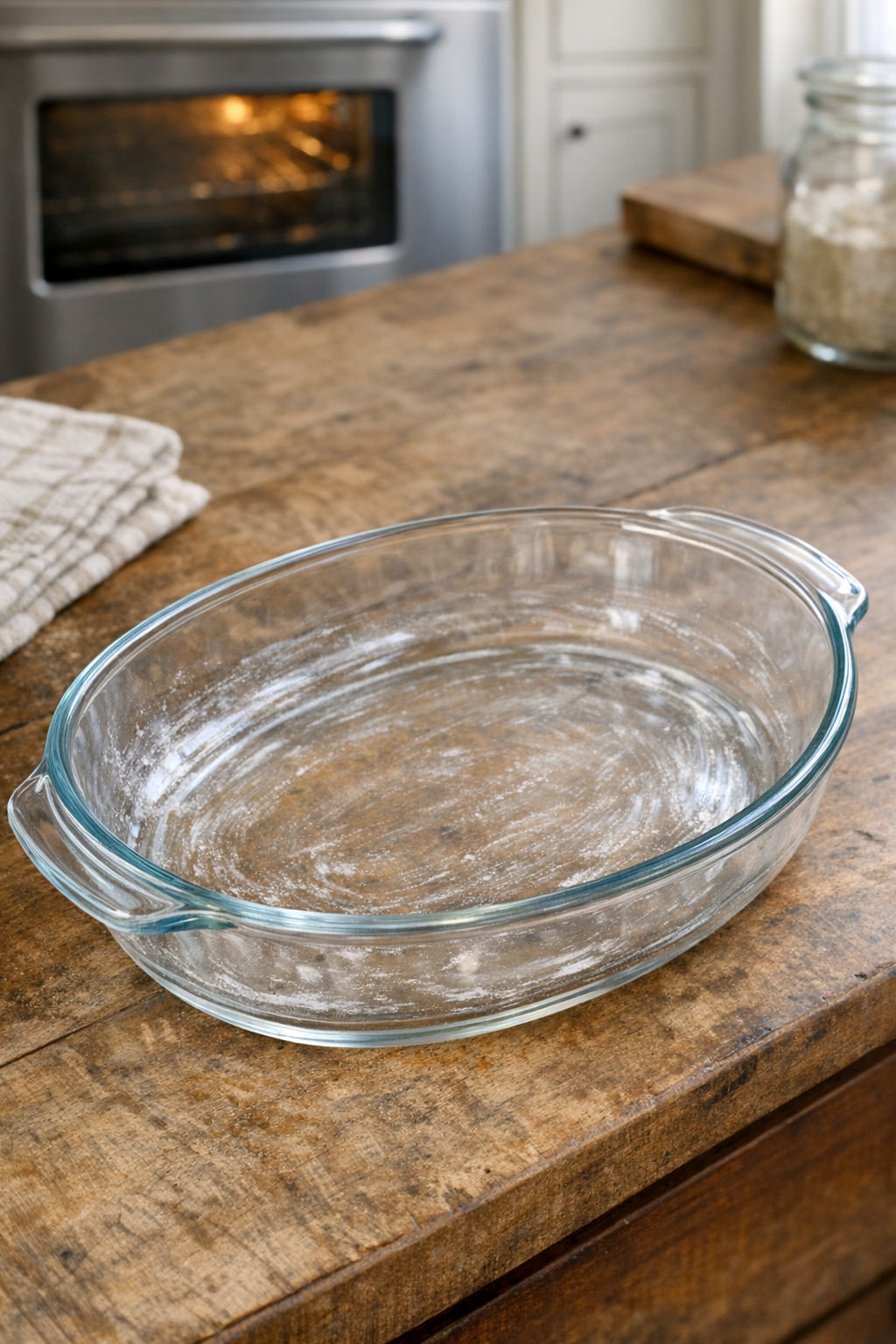 Greased glass baking dish ready on the counter