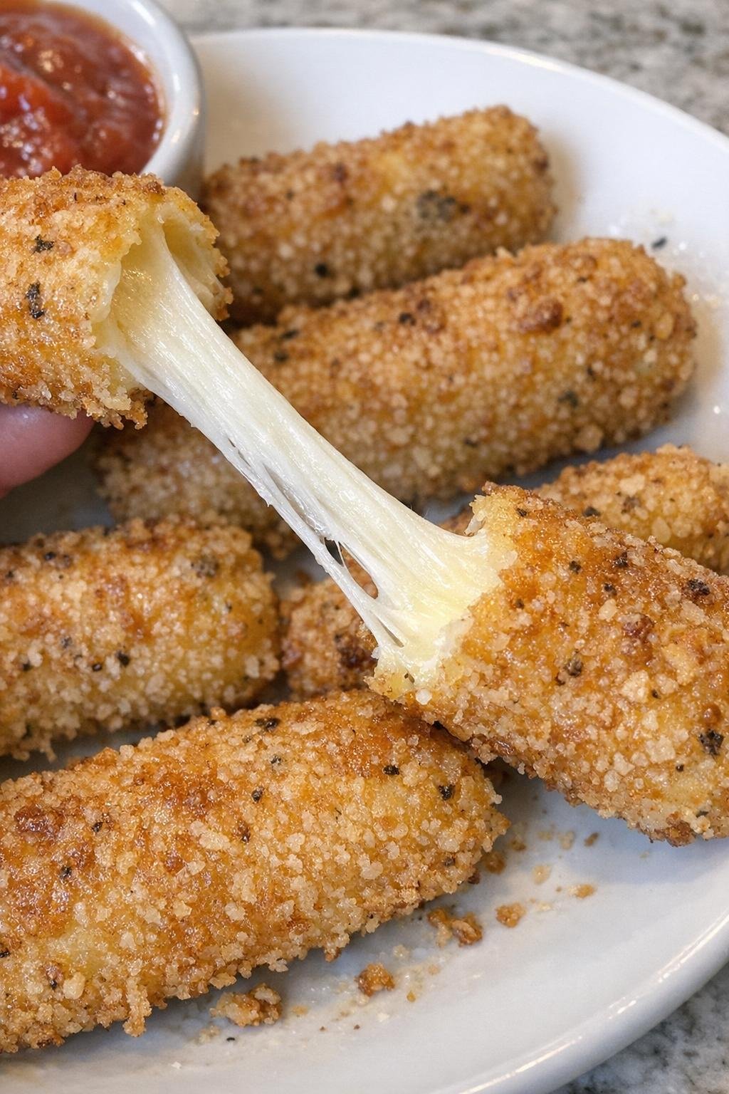 Golden crisp-coated cheese sticks with stretchy mozzarella pull