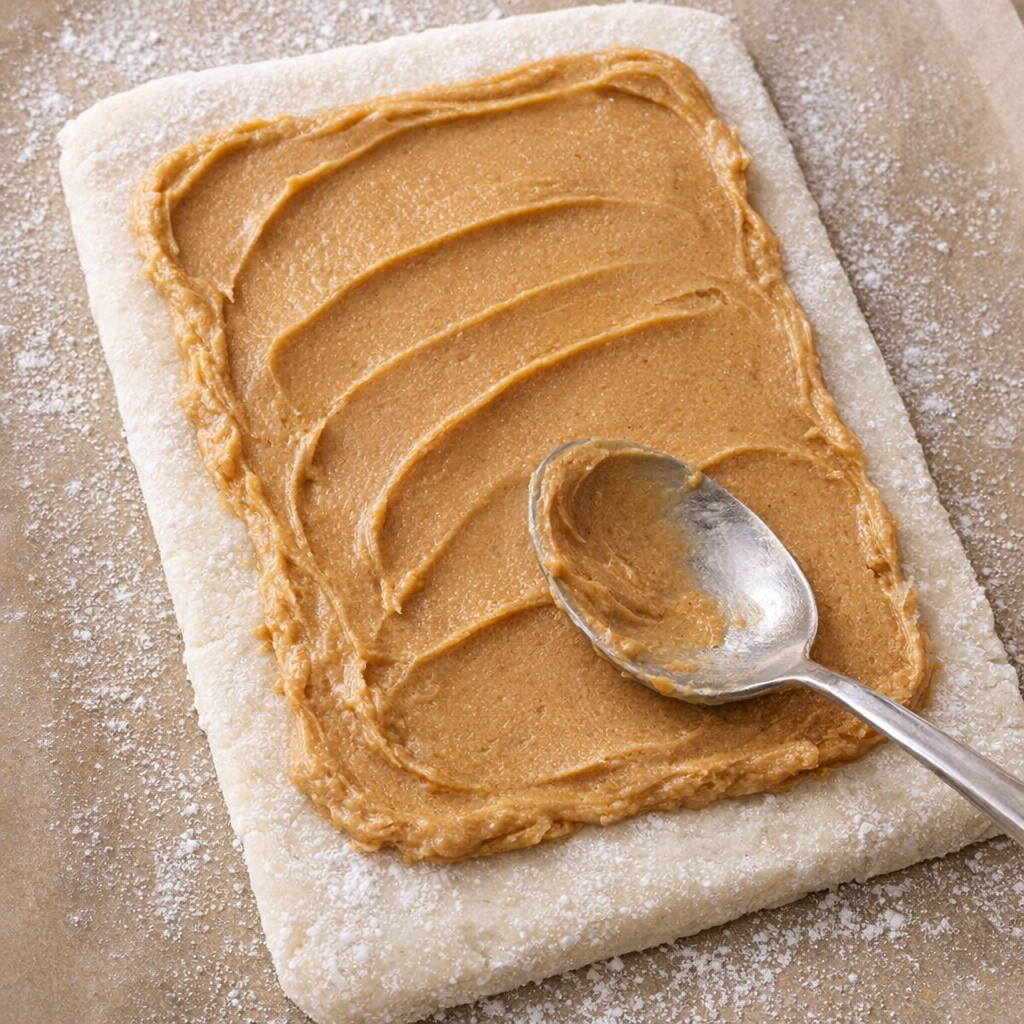 Peanut butter spread over rolled candy dough
