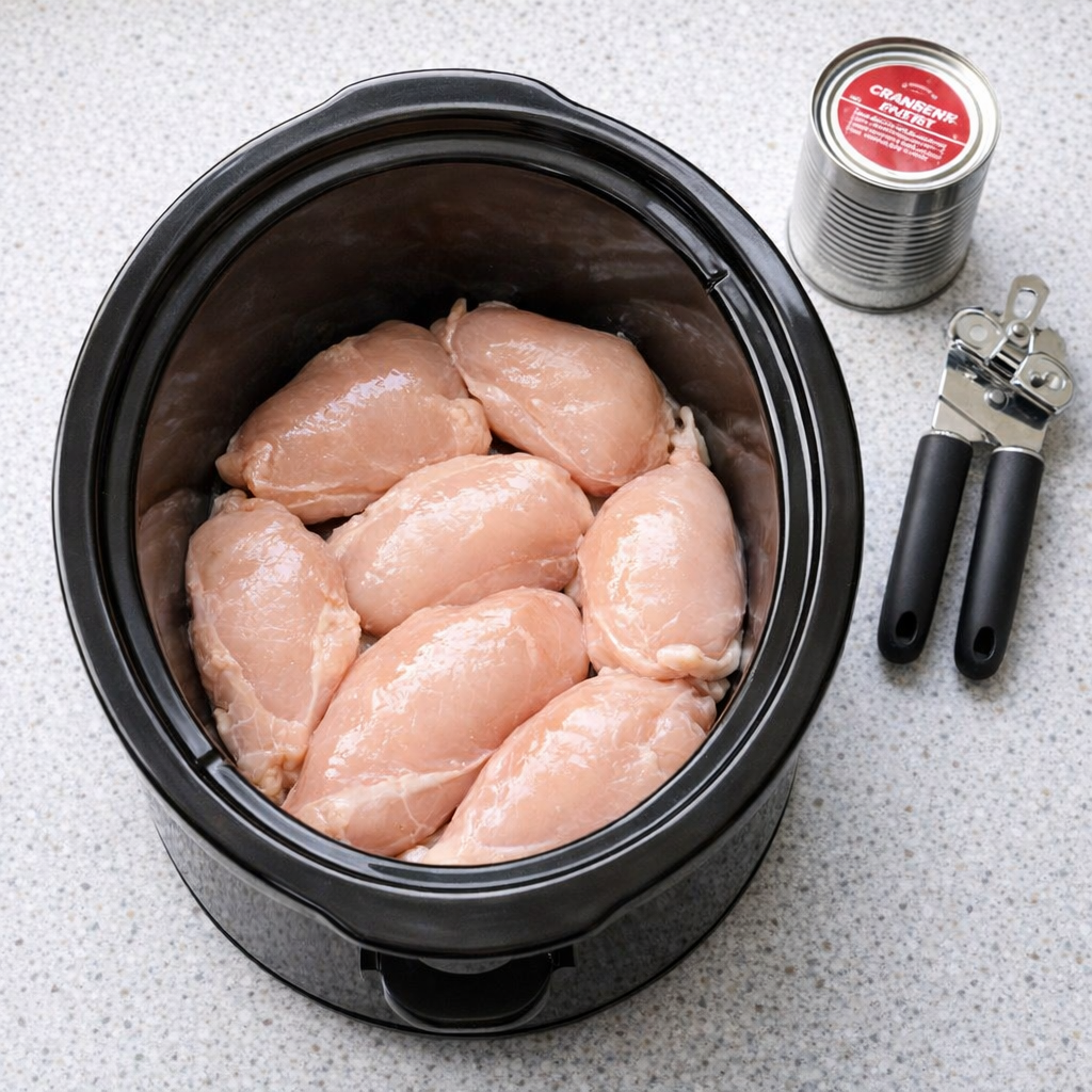 Chicken breasts arranged in a slow cooker