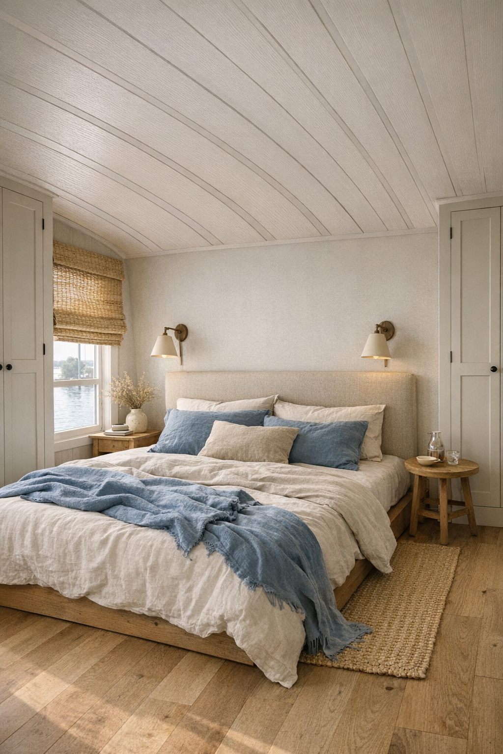 Calm bedroom with linen bedding, built-in storage, and filtered natural light