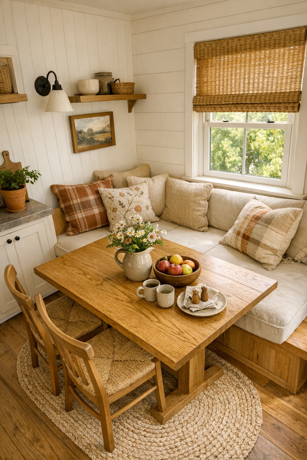 Tiny home dining nook with built-in banquette, solid wood table, and soft natural light
