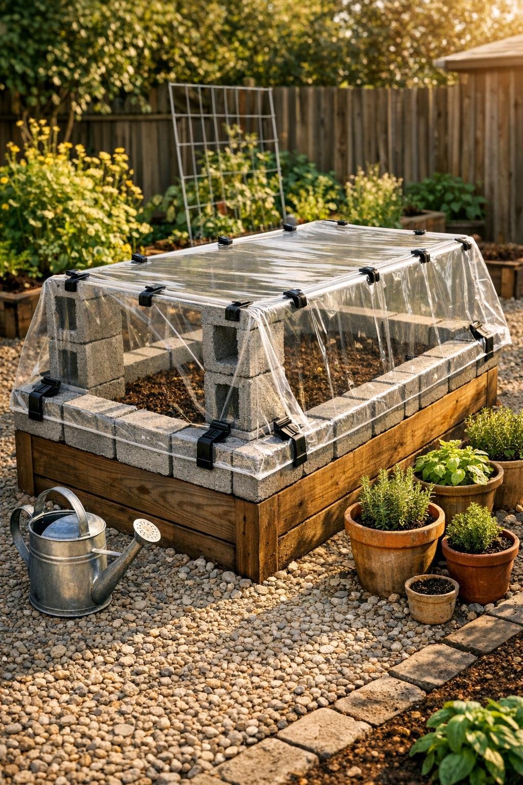Finished raised bed soil warmer made from cinder blocks and clear plastic sheeting in a backyard garden
